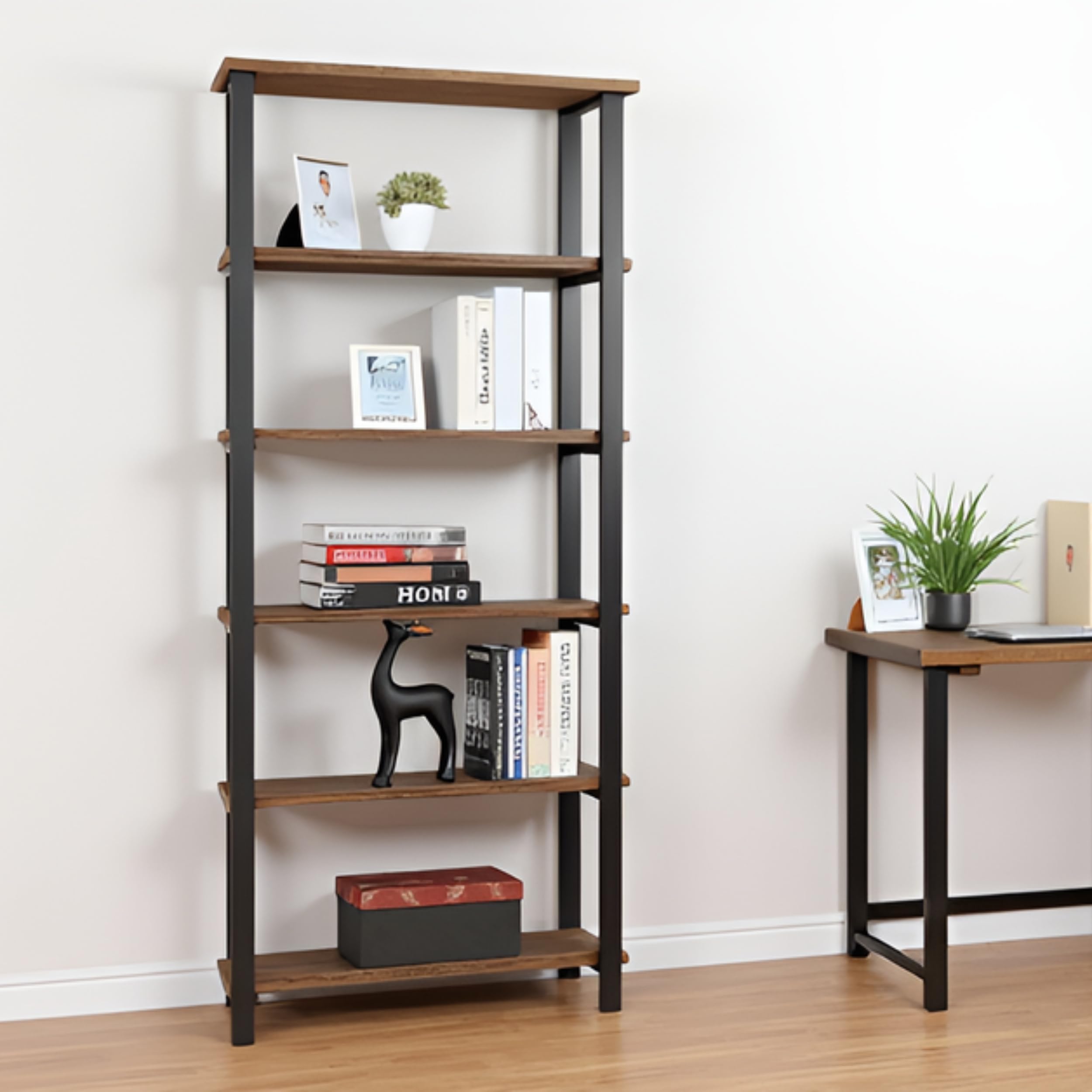Pomona 70-Inch Tall 5-Shelf Solid Solid Wood & Metal Bookcase