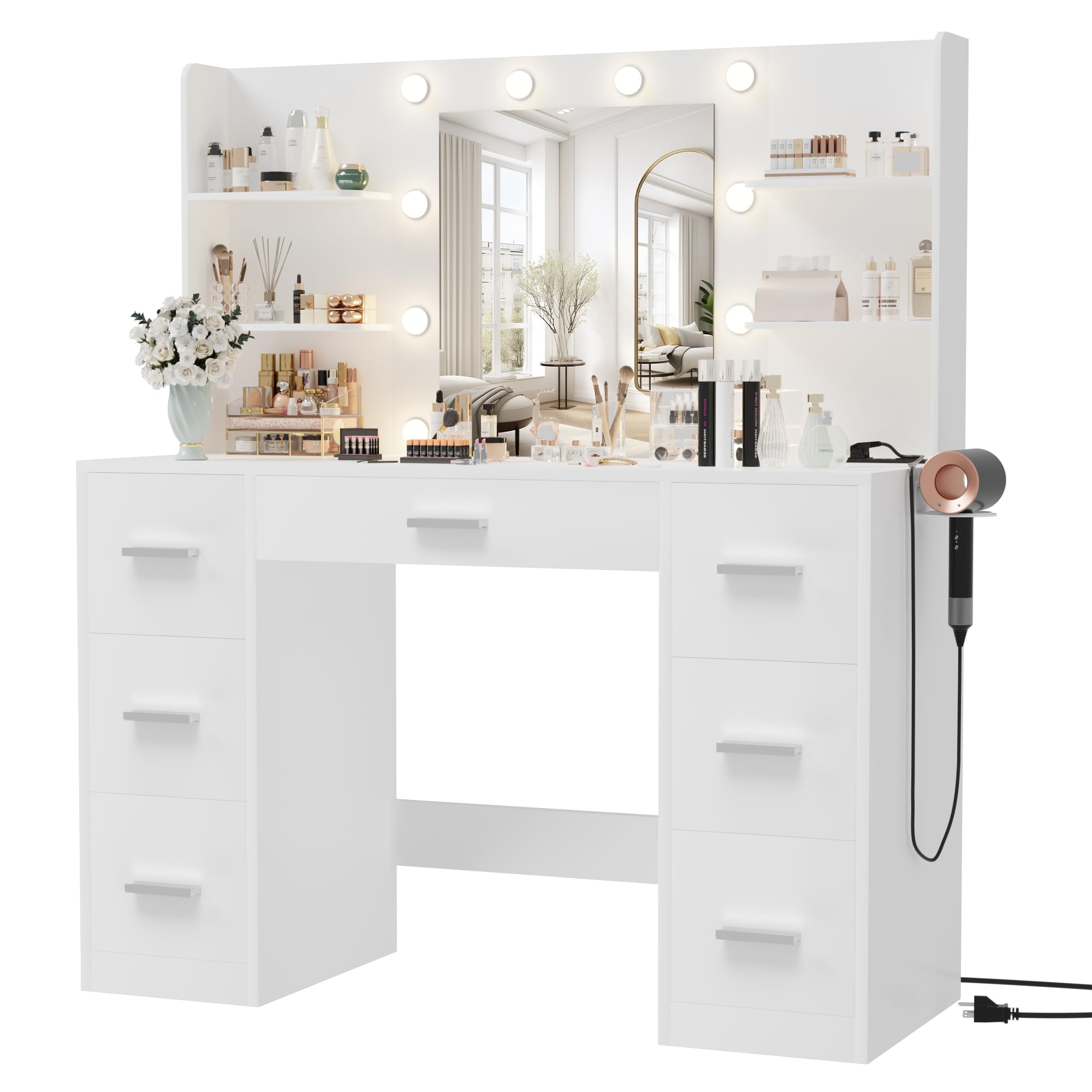 Vanity Desk with Mirror, LED Lights and Power Outlet Makeup Vanity Table