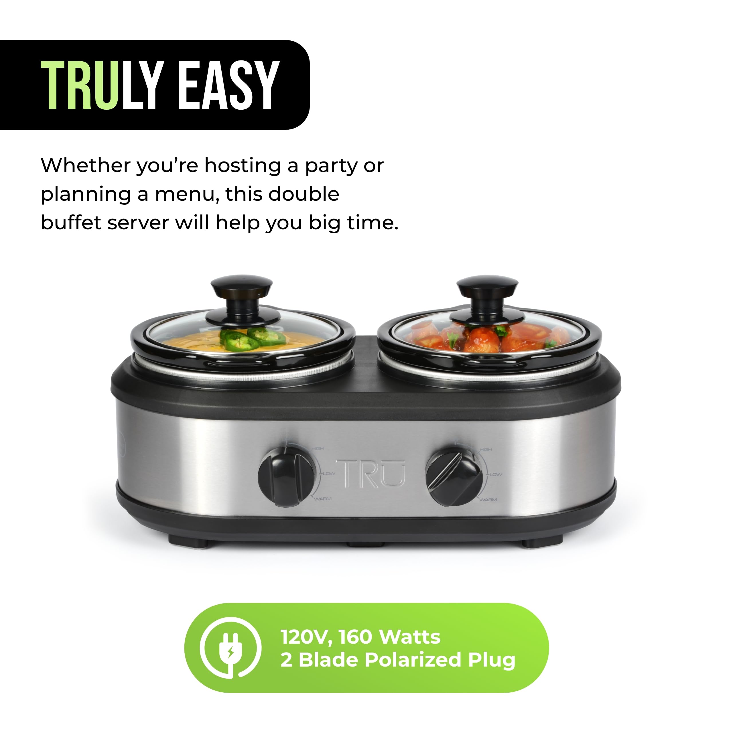 TRU Double Slow Cooker by Select Brands - Double Buffet Server for Parties, Holidays & Gatherings - Slow Cooker Buffet Server - 2 Inserts, Each 1 1/4 Quarts