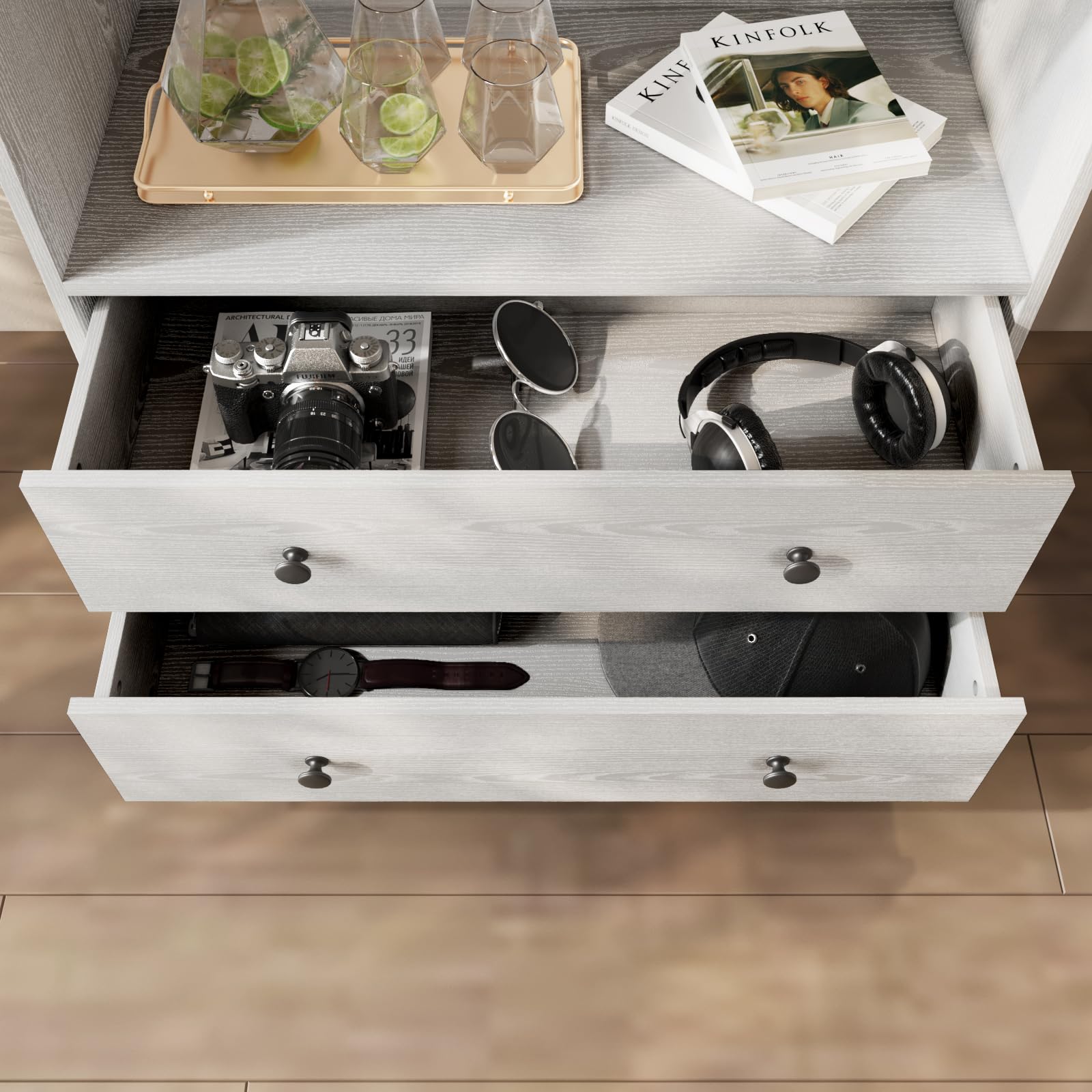 78.8" Classic Book Shelf with Drawers, White Pantries with Doors and Shelves