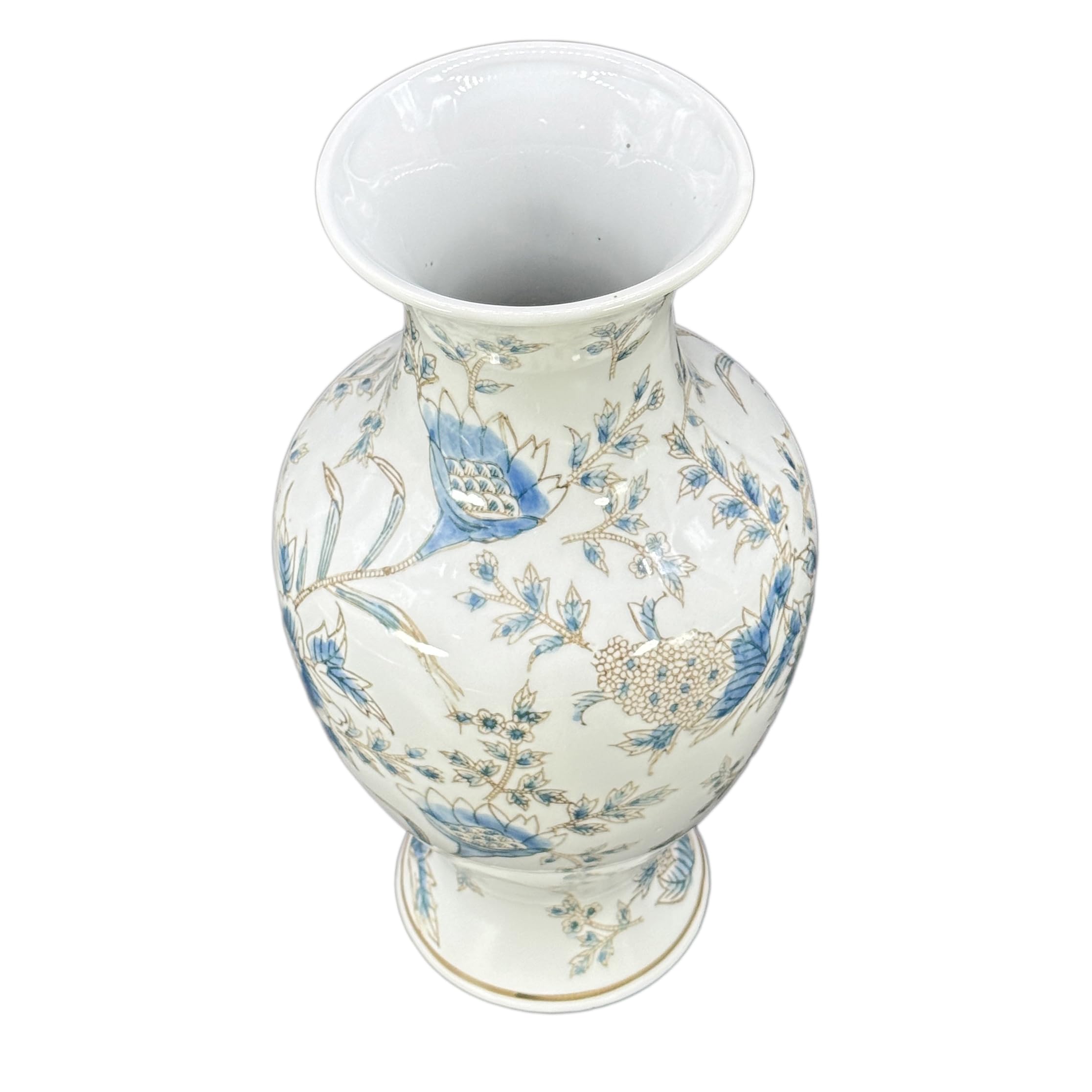White & Blue Floral Chinoiserie Ceramic Vase 14" - Hand Painted Antique Style Porcelain