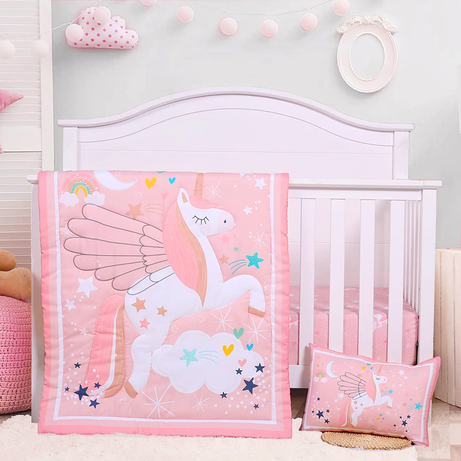 Crib Bedding Set for Girls - Pink Baby Nursery Sets 3 Pieces Quilt Comforter Fitted