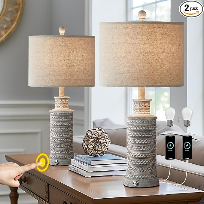 24'' Farmhouse Table Lamp Set of 2 for Bedroom Living Room Vintage Rustic