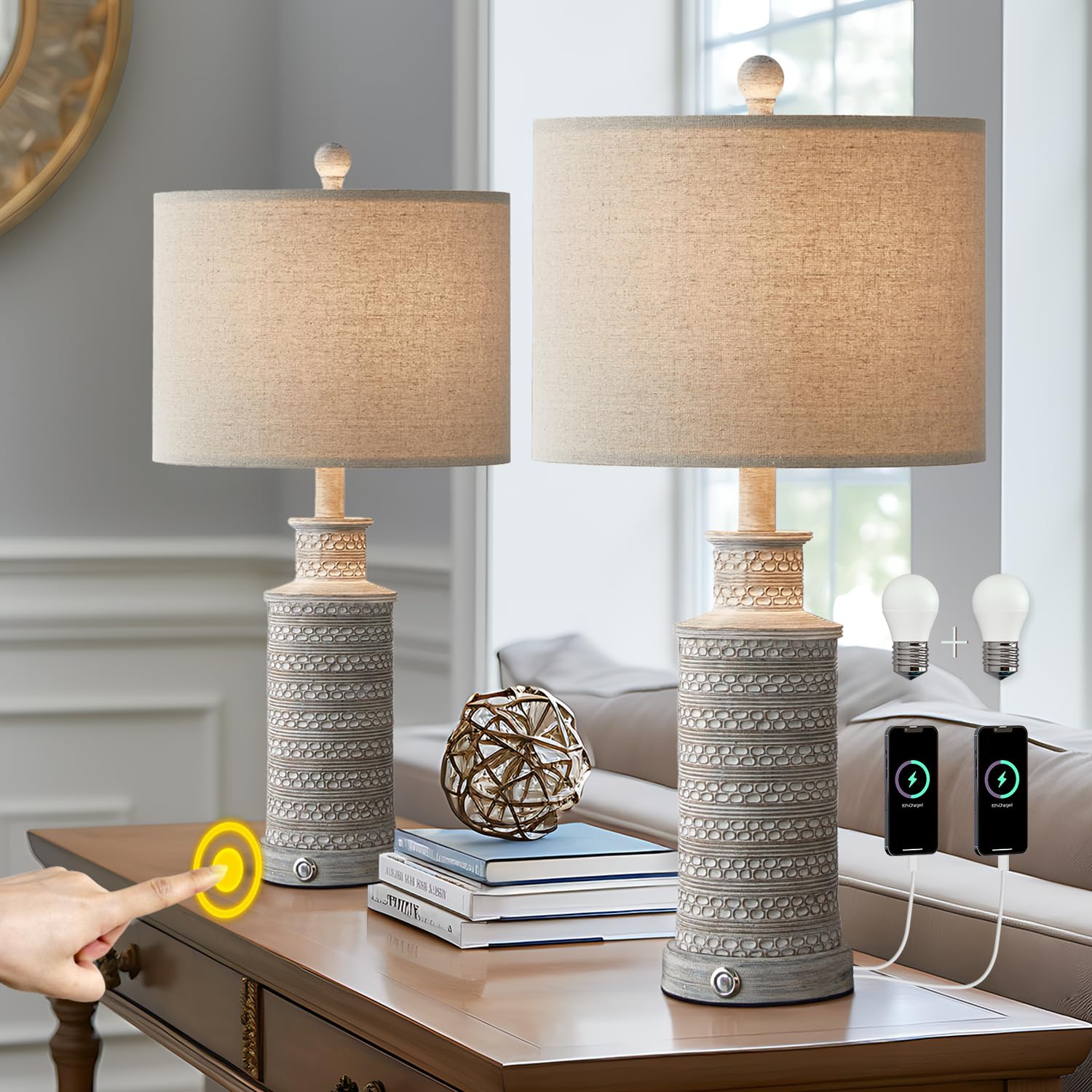 Dimmable Touch Control Table Lamp Set of 2 with Dual USB Charging Ports
