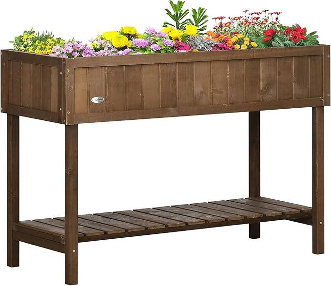 43x18x30in Raised Garden Bed with 8 Pockets and Shelf, Wooden Elevated Planter