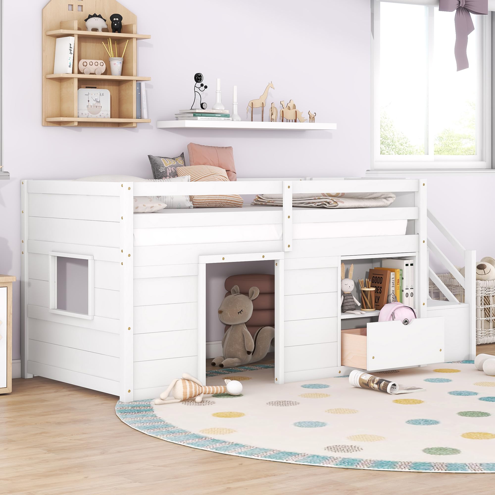 Twin Size Low Loft Bed with Playhouse, Loft Bed Frame with Drawer