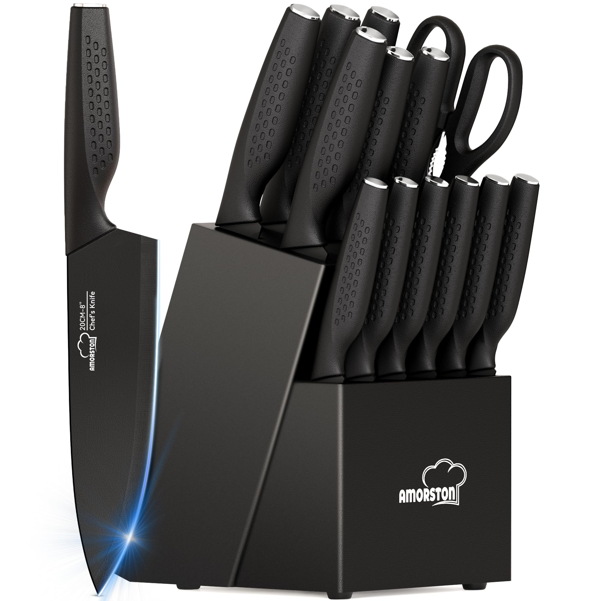 Knife Set, 15 Pieces Kitchen Knife Set with Block Built in Sharpener, Dishwasher Safe
