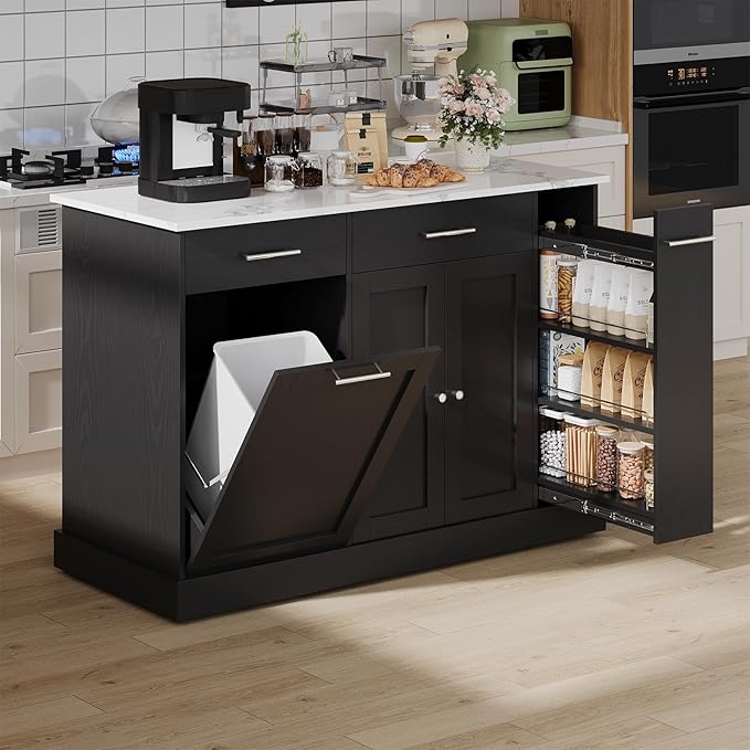 Kichen Island with Trash Can Storage, Kitchen Island Cart with Spice Rack & Towel Rack