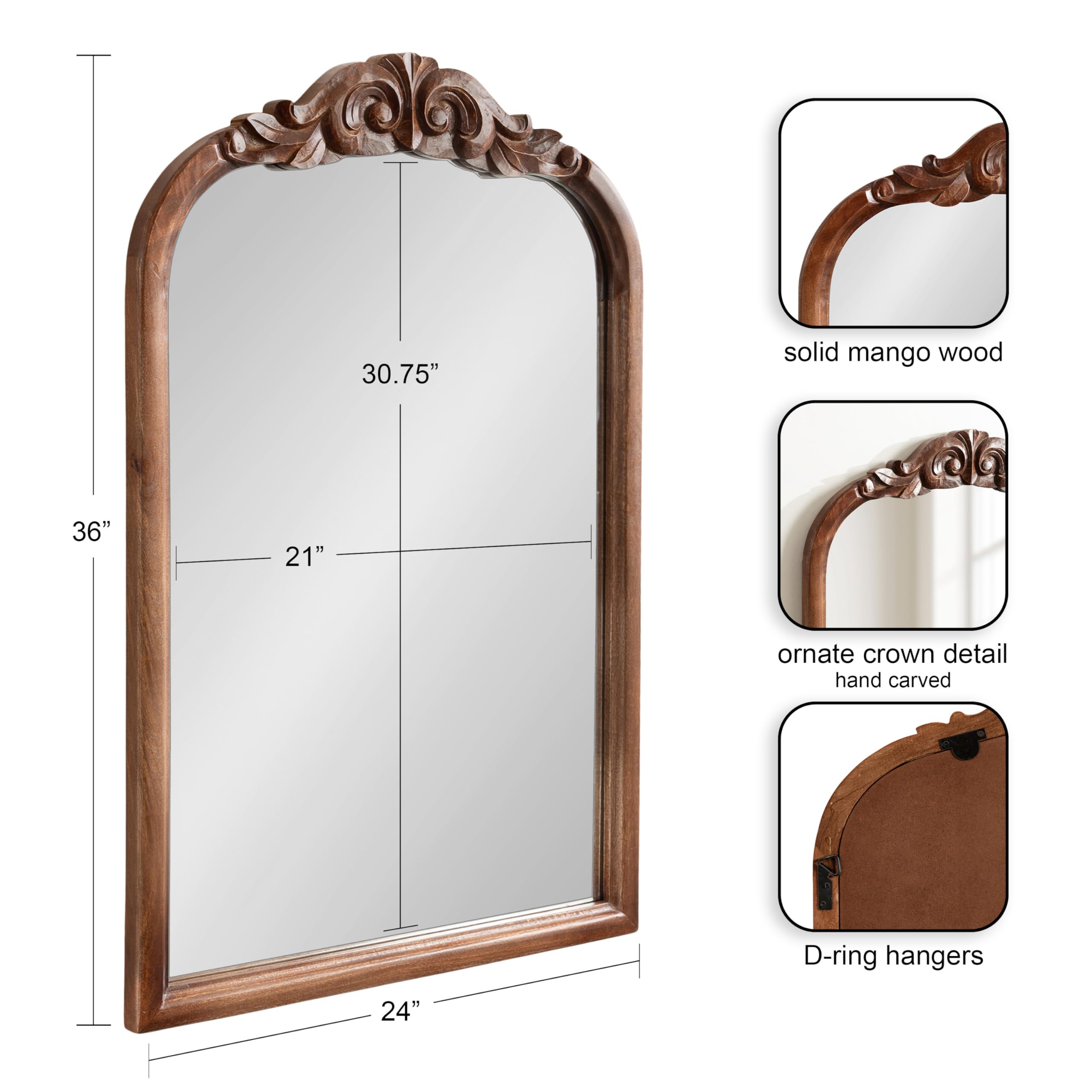 Kate and Laurel Arendahl Traditional Arch Wall Mirror, 24 x 36, Walnut Brown, Vintage Baroque-Inspired Wooden Arched Bathroom Mirror for Over Sink with Ornate Carved Crown