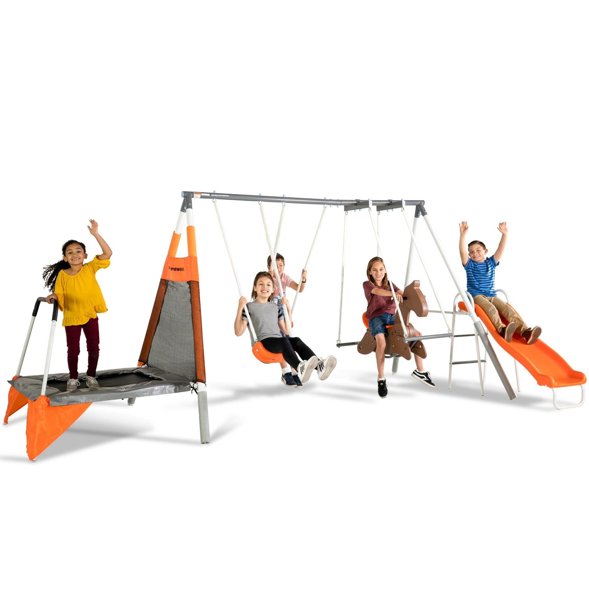Fairview Metal Swing Set with 2 Swings, Rocking Horse, Mini-Trampoline, on Slide