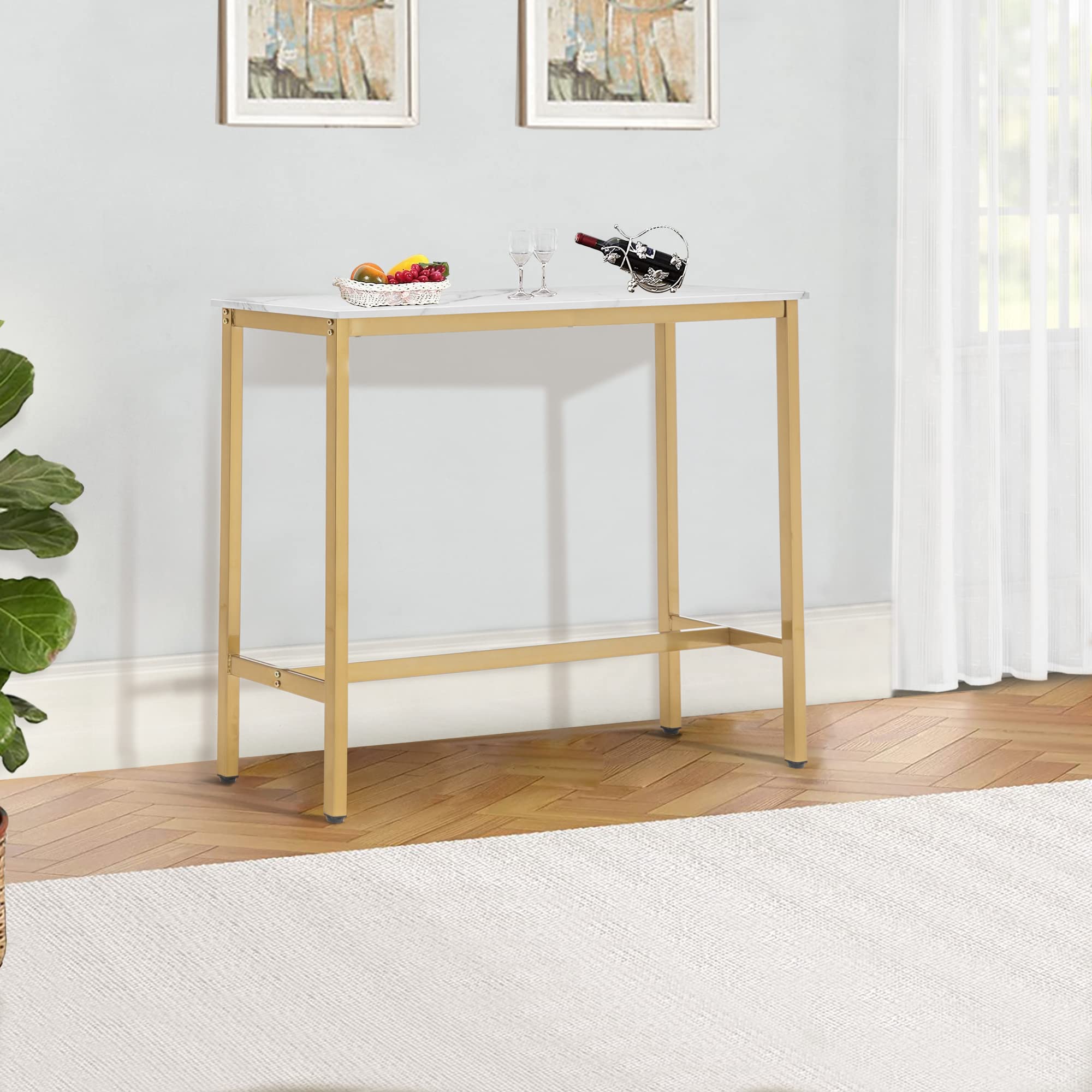 40" Bar Table,Rectangular Industrial Bar Height Table with Sturdy Gold Metal Frame