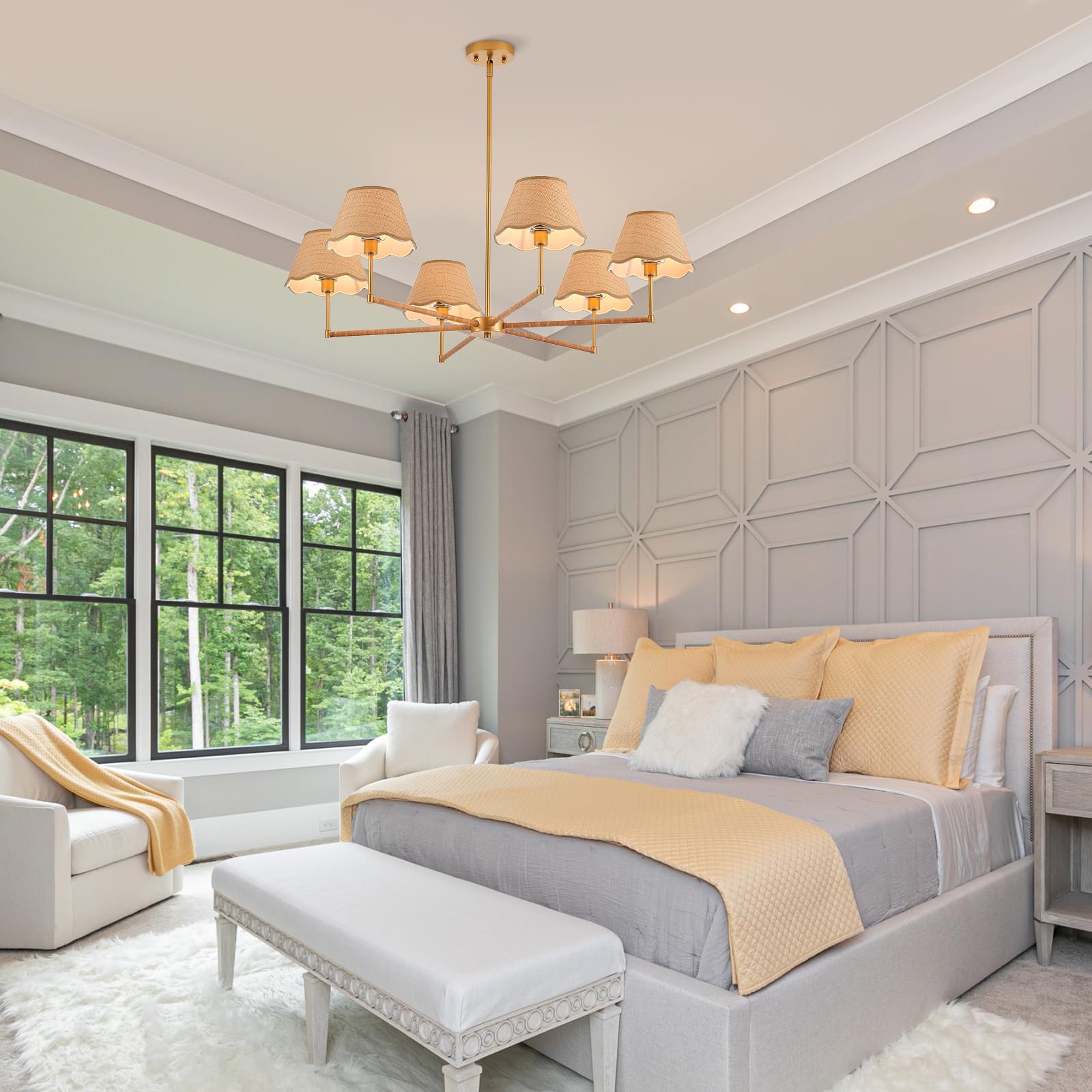 39” Boho Rattan Chandelier 6-Lights Rustic Industrial Pendant Light Large