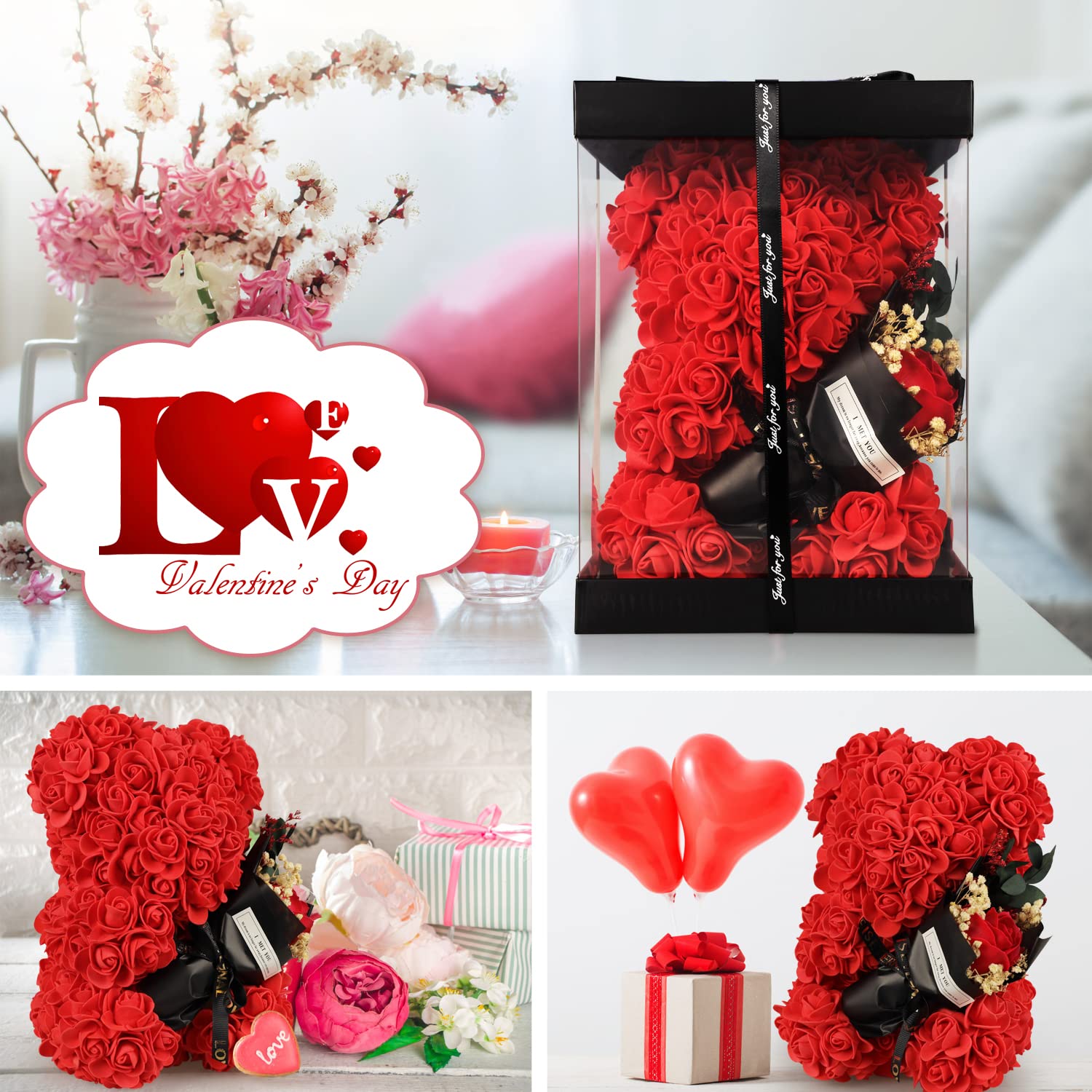 Rose Bear Birthday Gift for Women, Flowers Gifts for Mom Wife Grandma Daughter Friends Sister Her,Artificial Flowers Teddy Bear with Bouquet,Greeting Card,Mother's Day Christmas Valentines