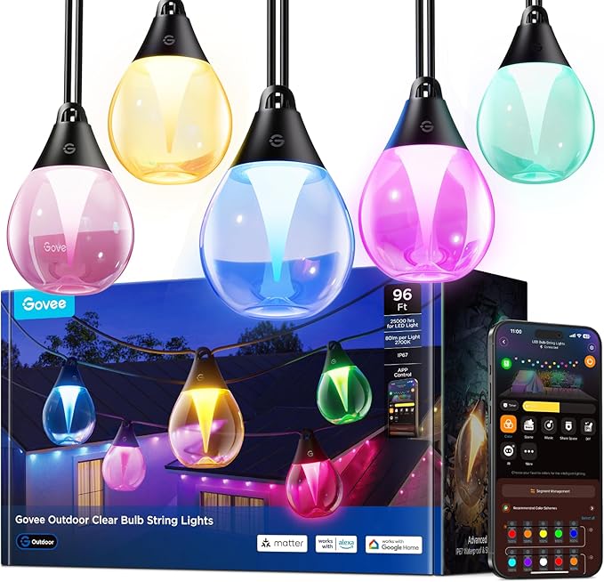 Outdoor Clear Bulb String Lights, 48ft RGBWIC Outdoor Lights with 15 Dimmable Warm White