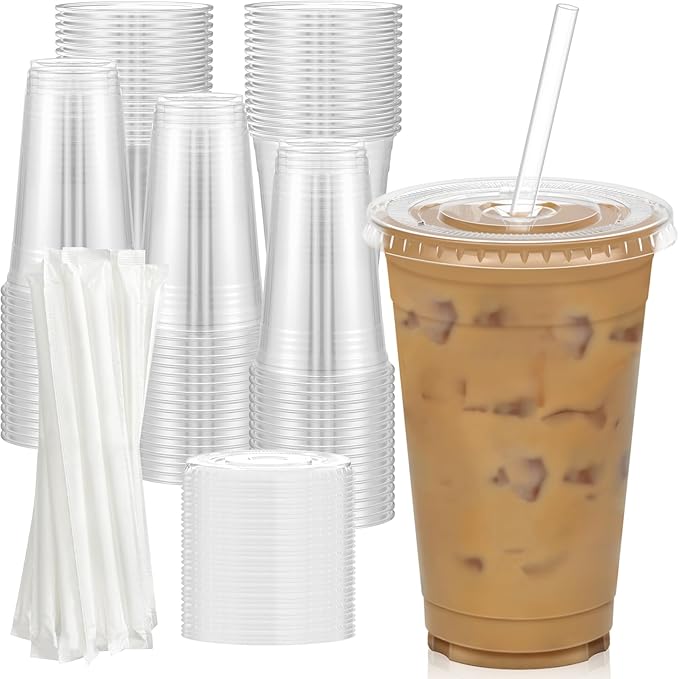 100 Pack - 16 oz Clear Plastic Cups with Lids and Straws