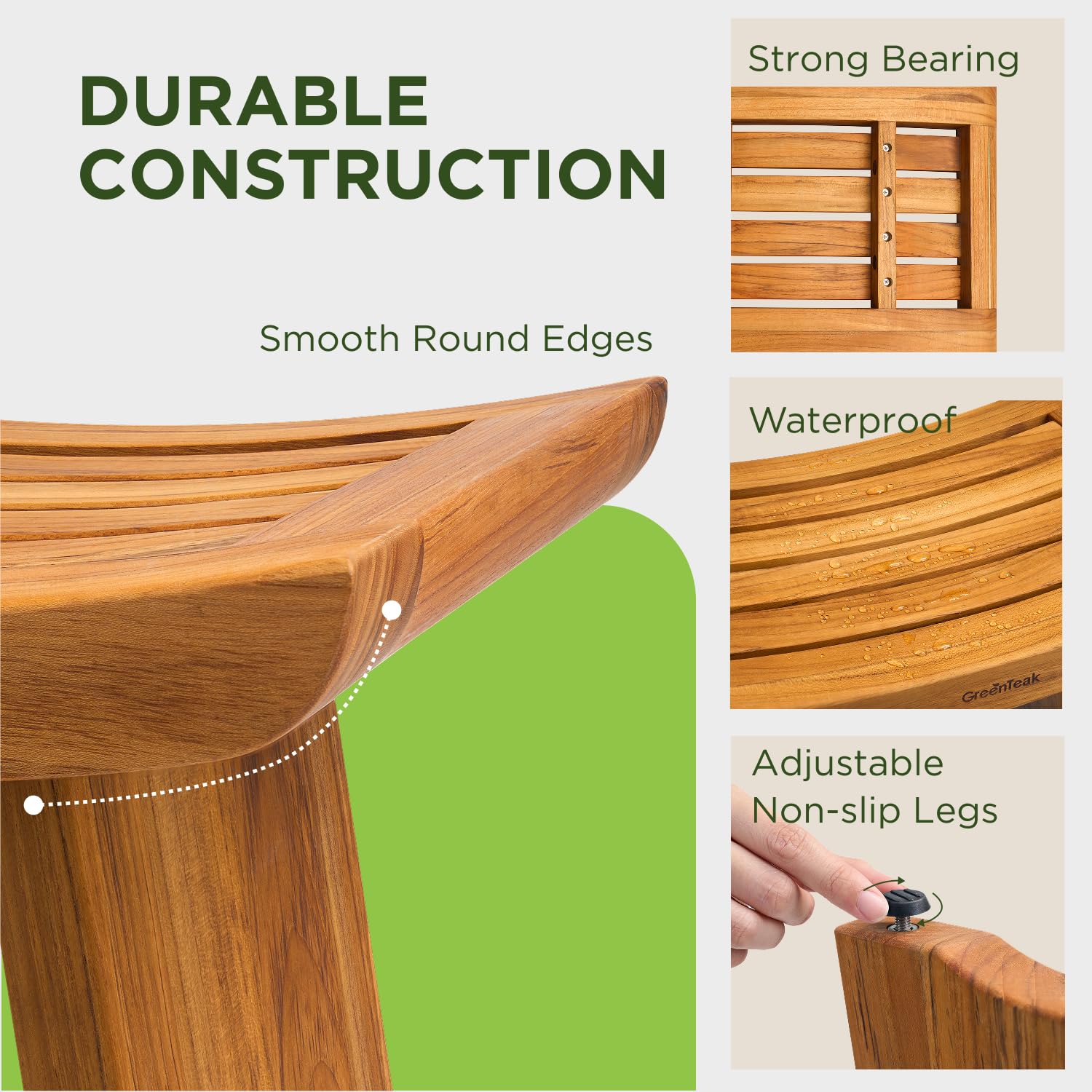 GREENTEAK Premium 18" Teak Shower Bench, Waterproof Teak Shower Stool, Wooden Stool for Bathroom, Teak Wood Shower Seat Chair for Shower Storage Shelf, 300 Lbs Capacity, Provides Safety