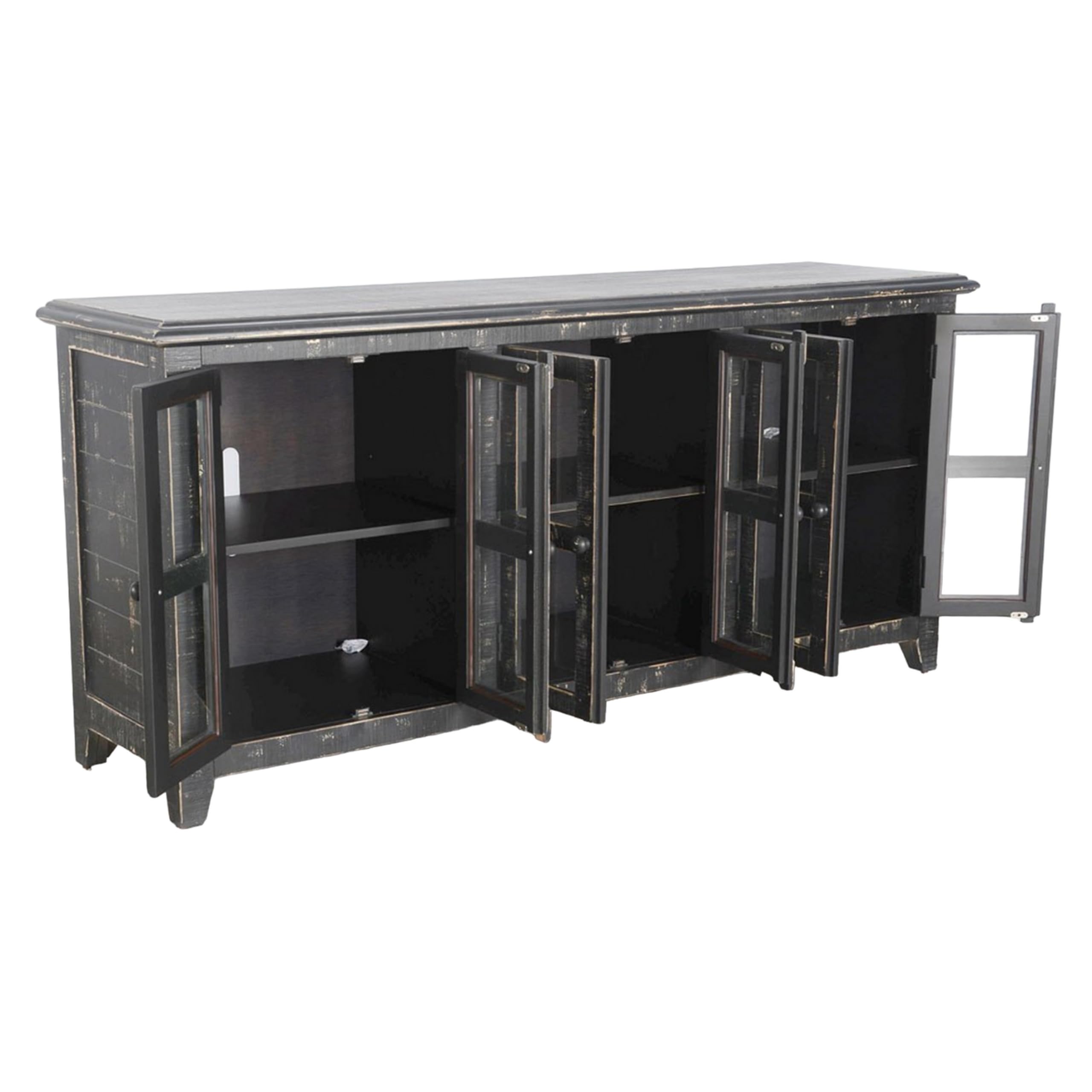 TV Media Entertainment Console with Shelves, 70 Inch Rustic, Black and Clear