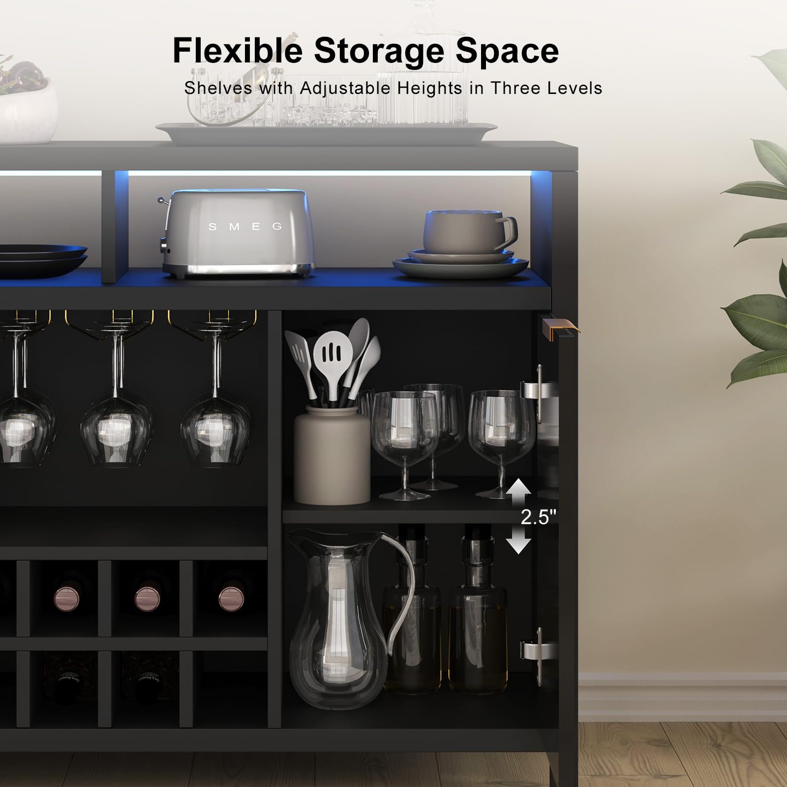 Fluted Home Bar Wine Cabinet with LED Light, Charging Station, Wine Rack - Buffet Cabinet with Storage, Coffee Bar Table, Stylish Fluted Credenza Cabinet for Modern Home Kitchen 47.2" Black