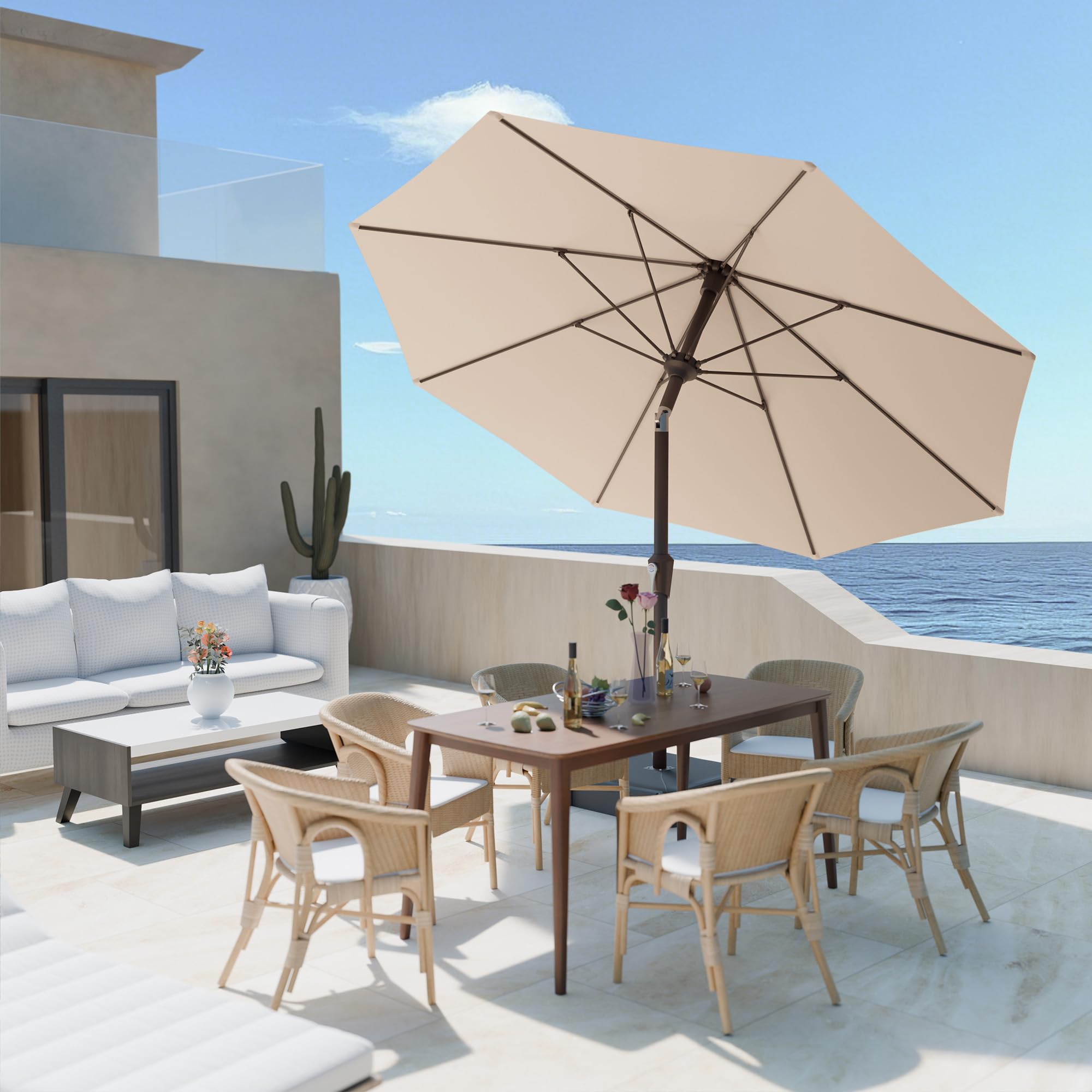 9FT Patio Umbrella Outdoor with Auto-Tilt Crank & 8 Sturdy Fiberglass Ribs