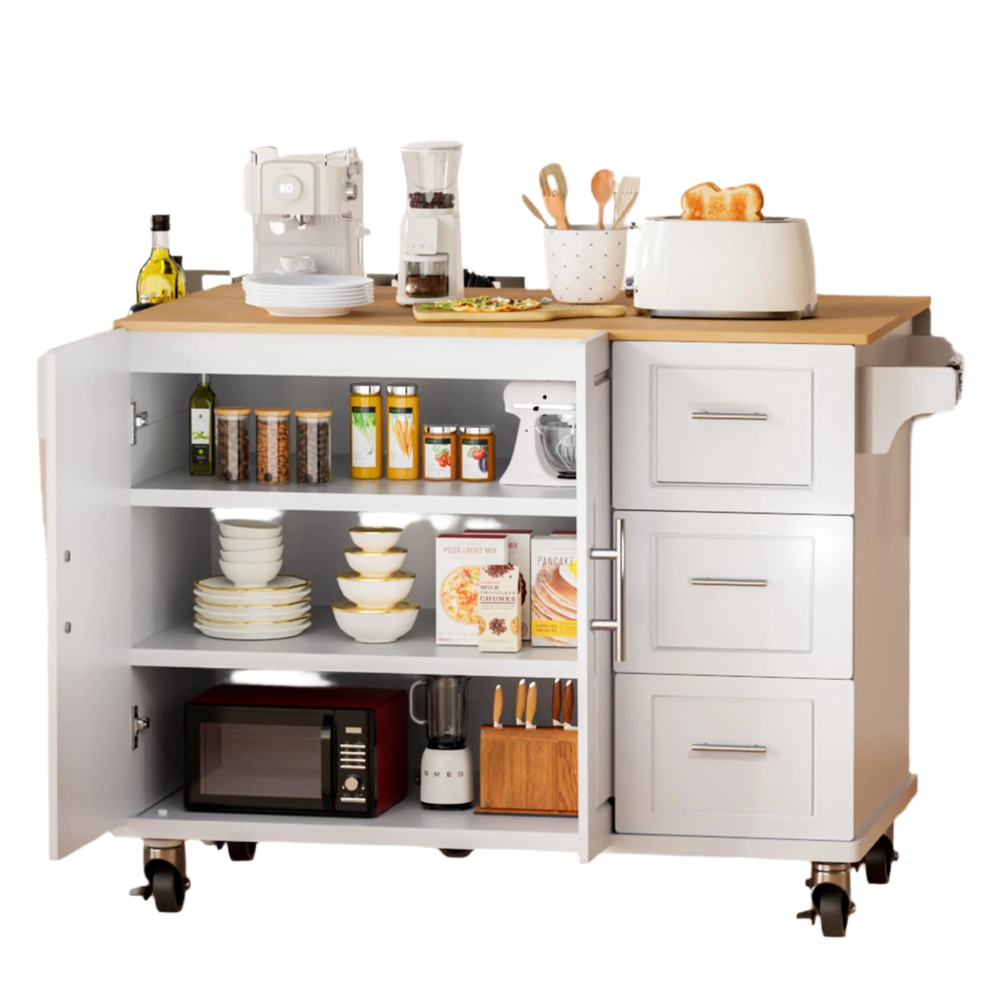 Kitchen Island 54" Large Rolling Kitchen Island Cart On Wheels with Drop Leaf Breakfast