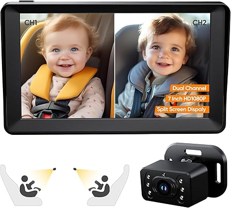 Baby Car Camera for 2Kids-7 Inch IPS Display with Dual Carseat Camera