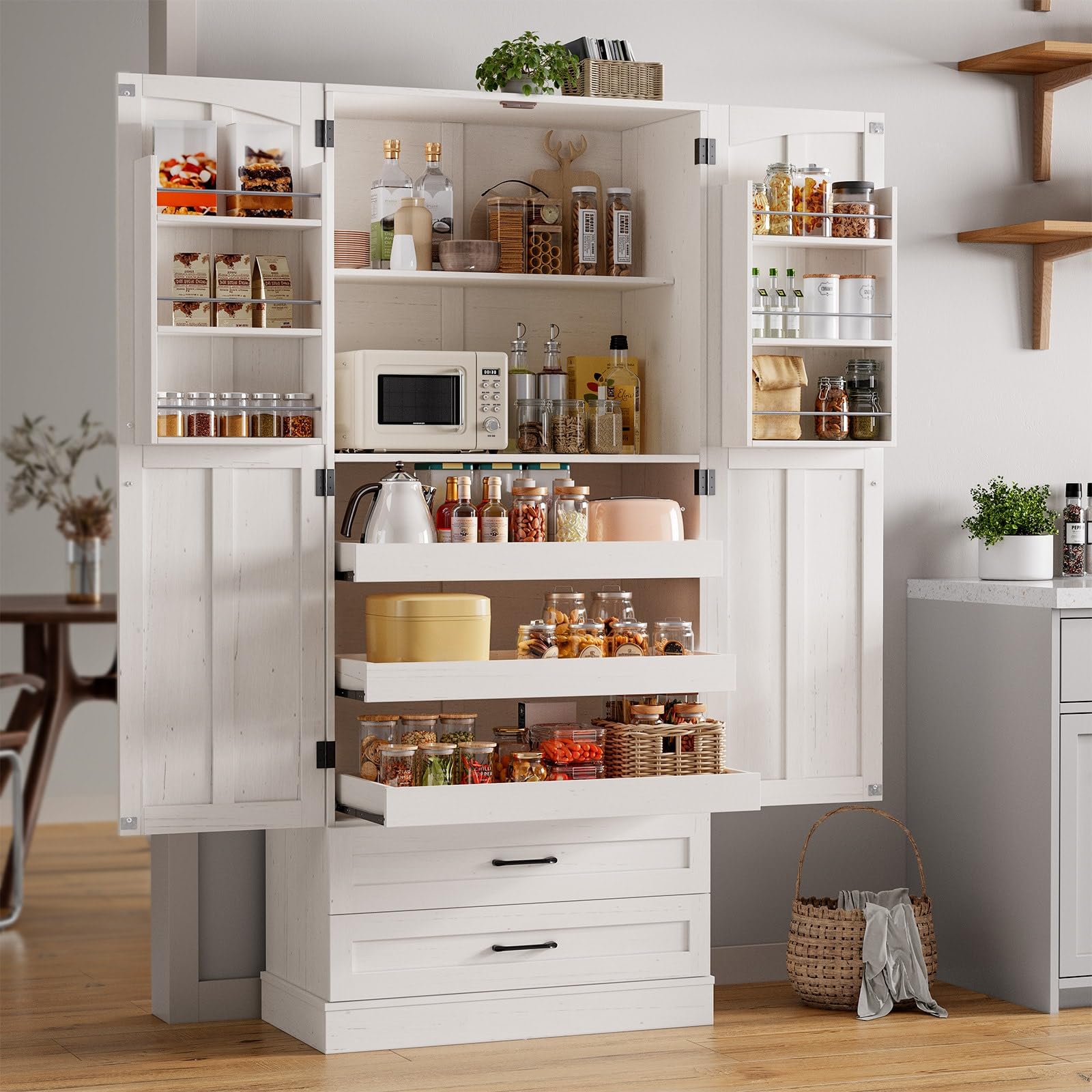 71" Tall Farmhouse Kitchen Pantry Cabinet with 3 Pull Out Shelves & 2 Large Drawers