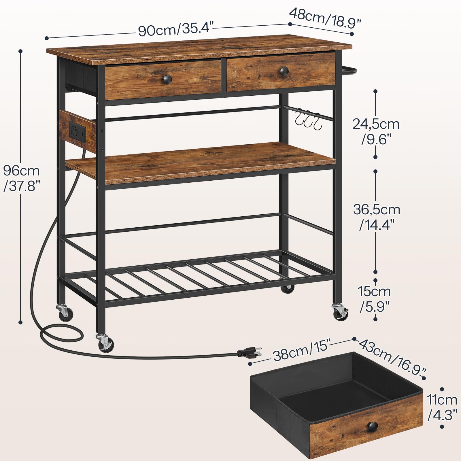 HOOBRO Kitchen Island with Storage, Rolling Island Cart for Kitchen with 2 Drawers & Outlet, 3 Tier Coffee Station and Microwave Stand, Kitchen Island Table for Home, Rustic Brown BF08UZD01