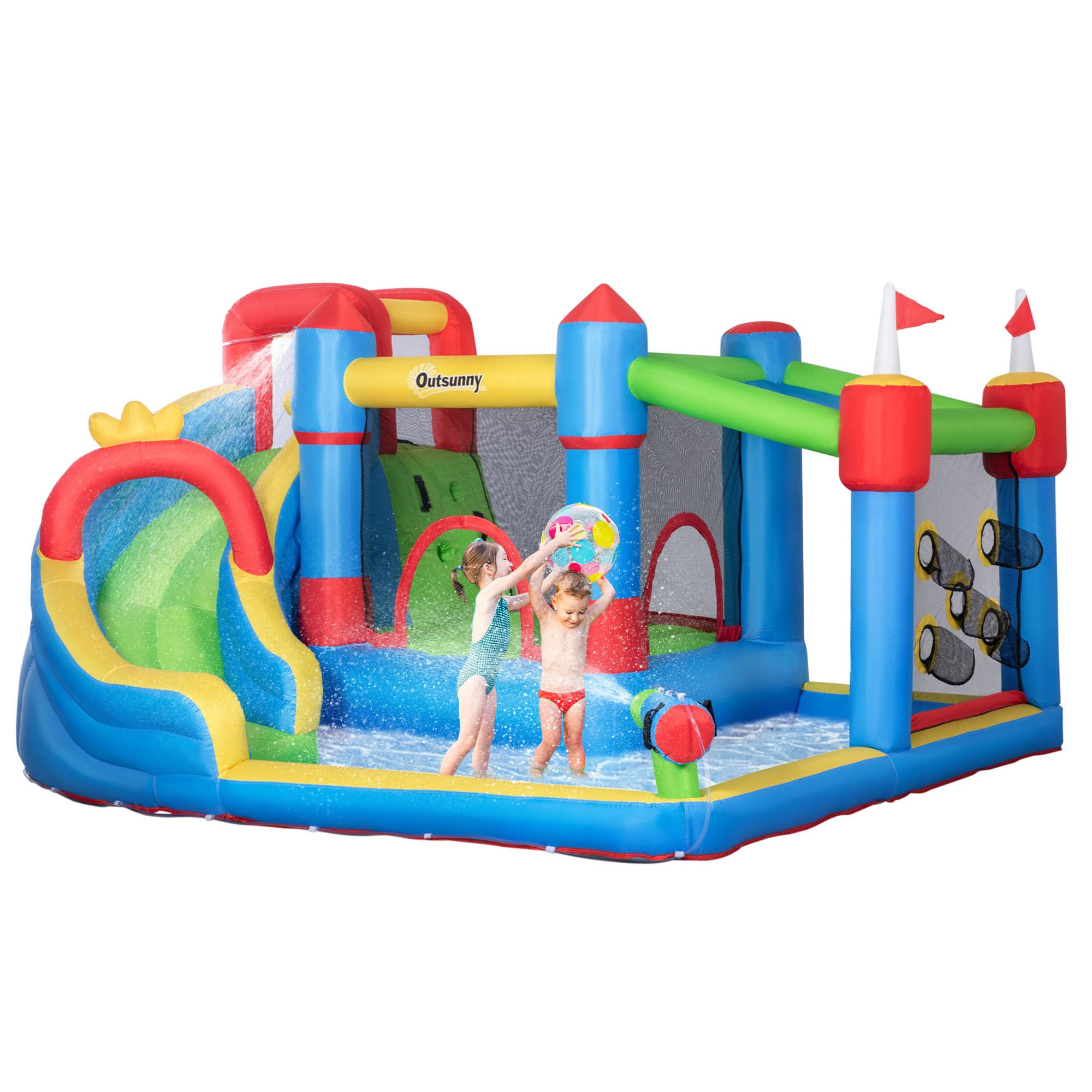 6-in-1 Inflatable Bounce House with Slide, Climbing Wall, Water Cannon