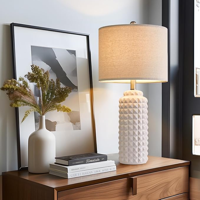 Modern Ceramic Table Lamps - Bedside Lamps Set of 2, White Tall Adjustable