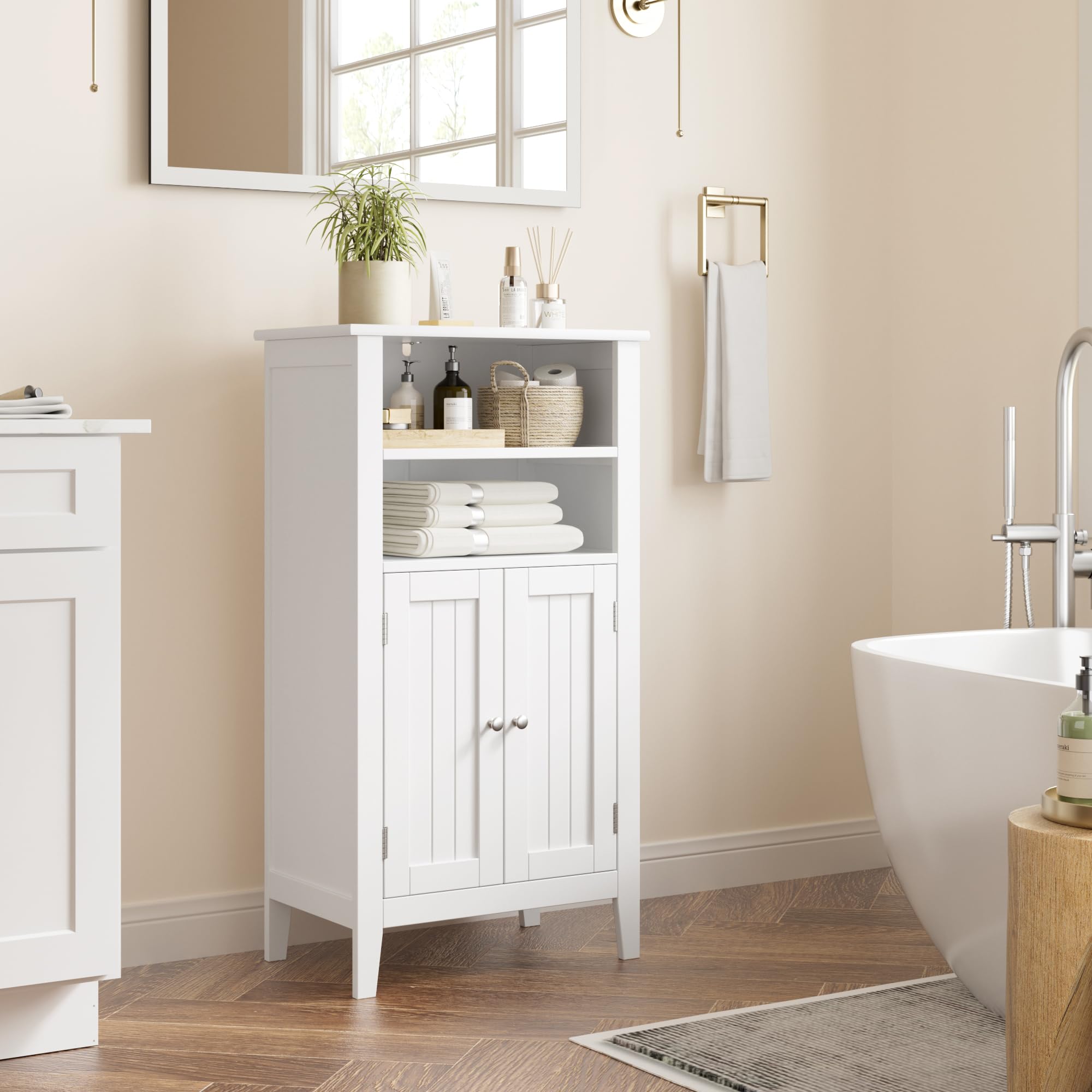 Wooden Floor Cabinet, Bathroom Storage Cabinet with 2 Doors and Adjustbale Shelf