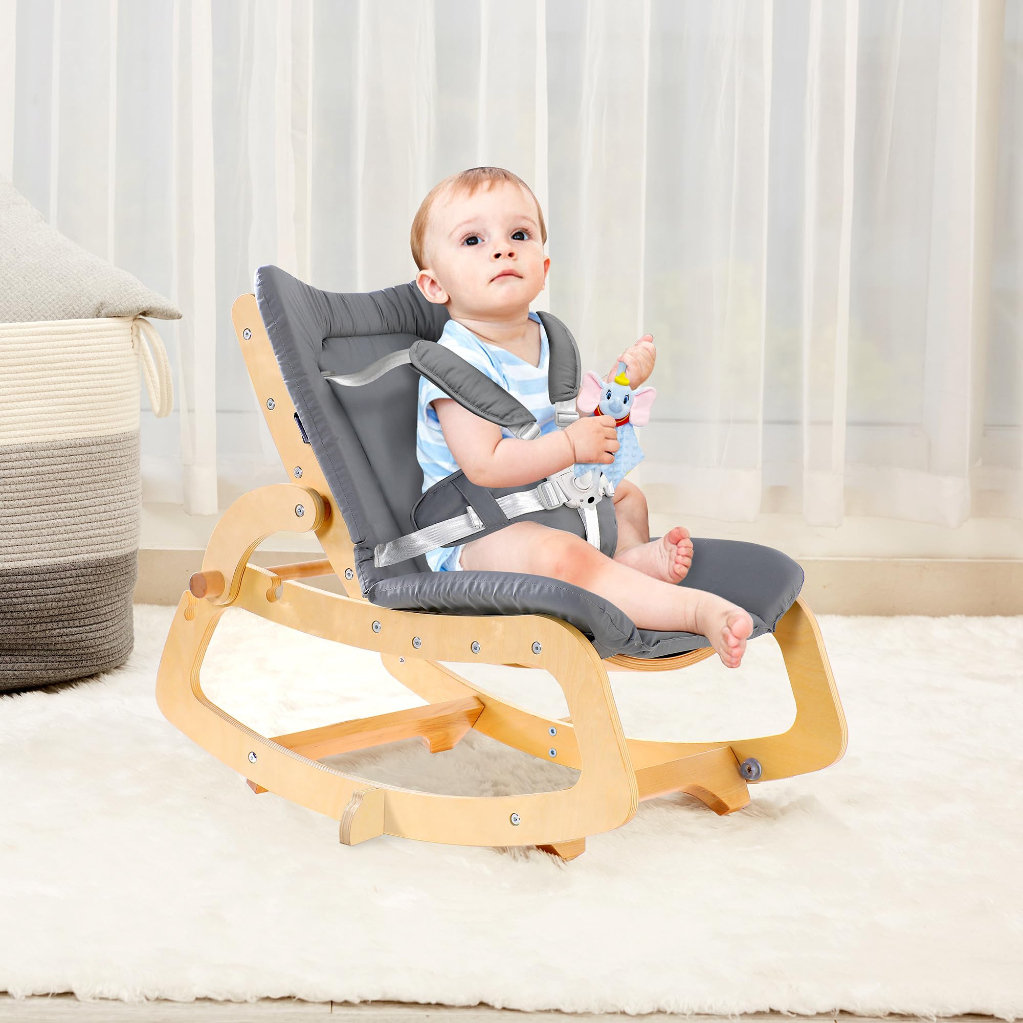 3-in-1 Baby Bouncer Adjustable Wooden Rocker Chair Recliner