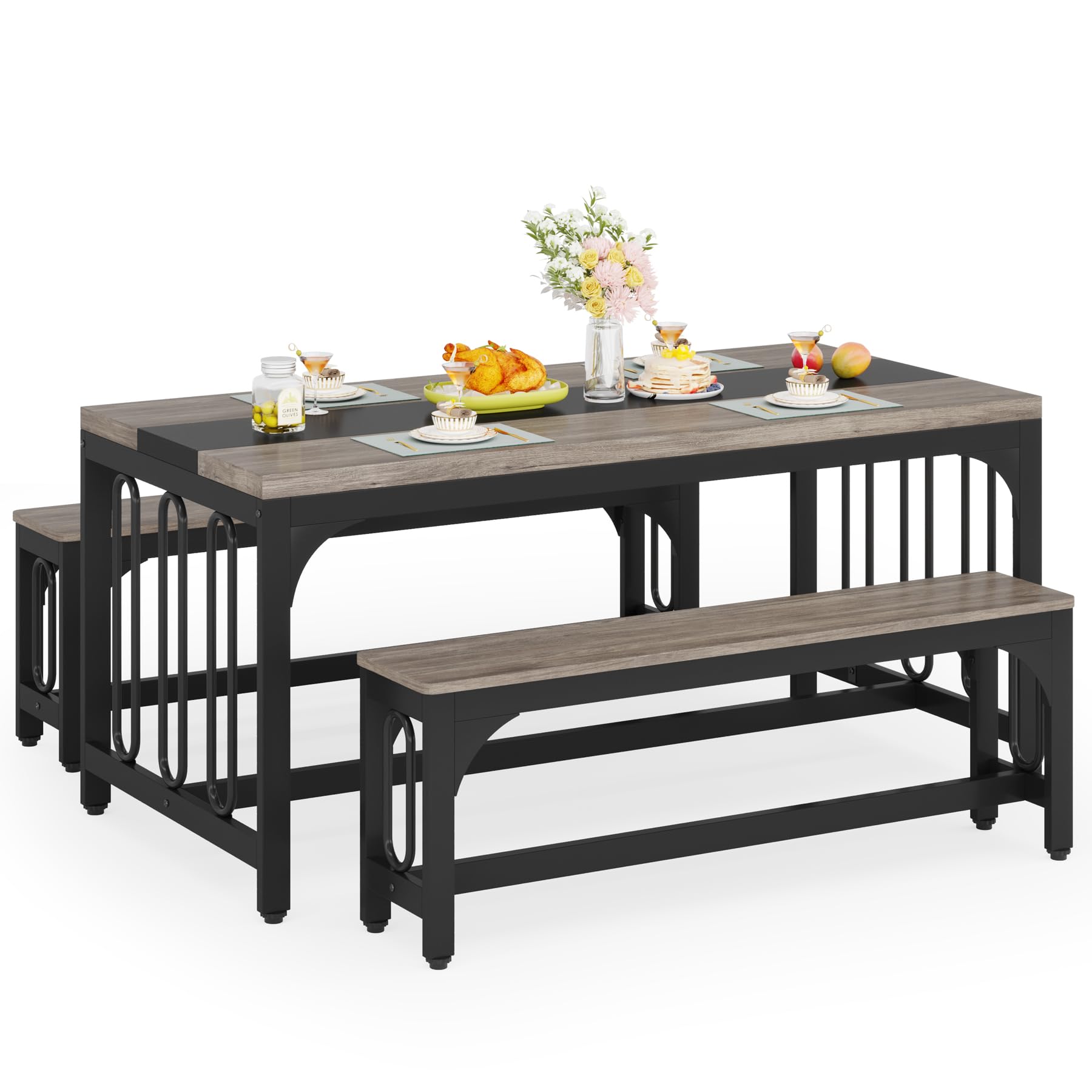 Dining Table Set for 4, Farmhouse Kitchen Table with 2 Benches