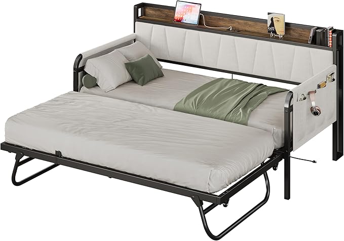 Daybed with Trundle Bed, Twin Bed Frame with Storage Headboard and Charging Station
