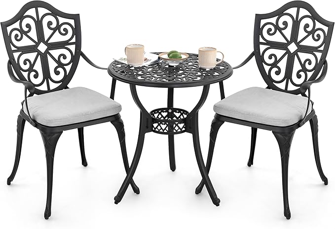 Bistro Set 3 Piece Outdoor, Cast Aluminum Patio Bistro Sets with Umbrella Hole