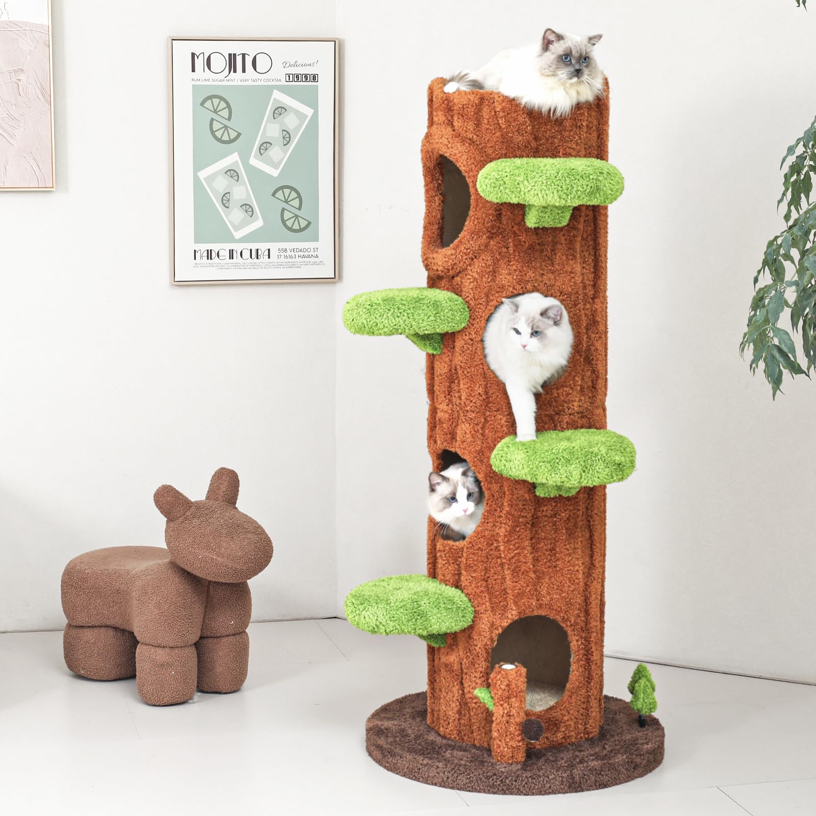 Magic Forest Cat Tree Tower, 62 inches Tall, Real Solid Wood Cat Tree