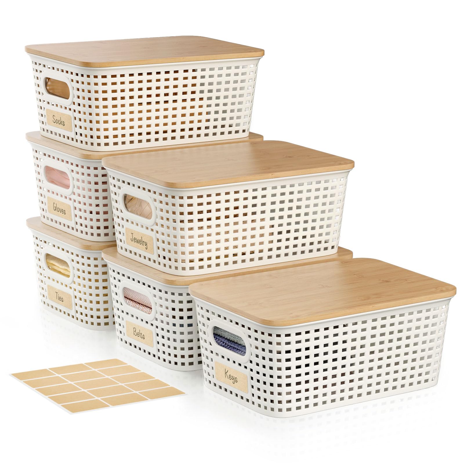 Small 5 Quart Plastic Storage Bin with Bamboo Lid, Stackable Decorative Storage Basket
