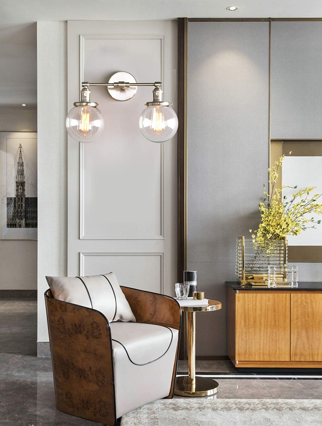 Industrial Wall Light Hardwired Double Wall Sconce with 5.9 Inches Round Clear Glass