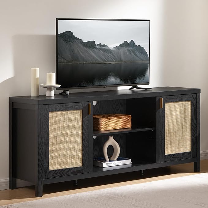 TV Stand for Living Room : Rattan TV Console Cabinet with Storage and Shelf