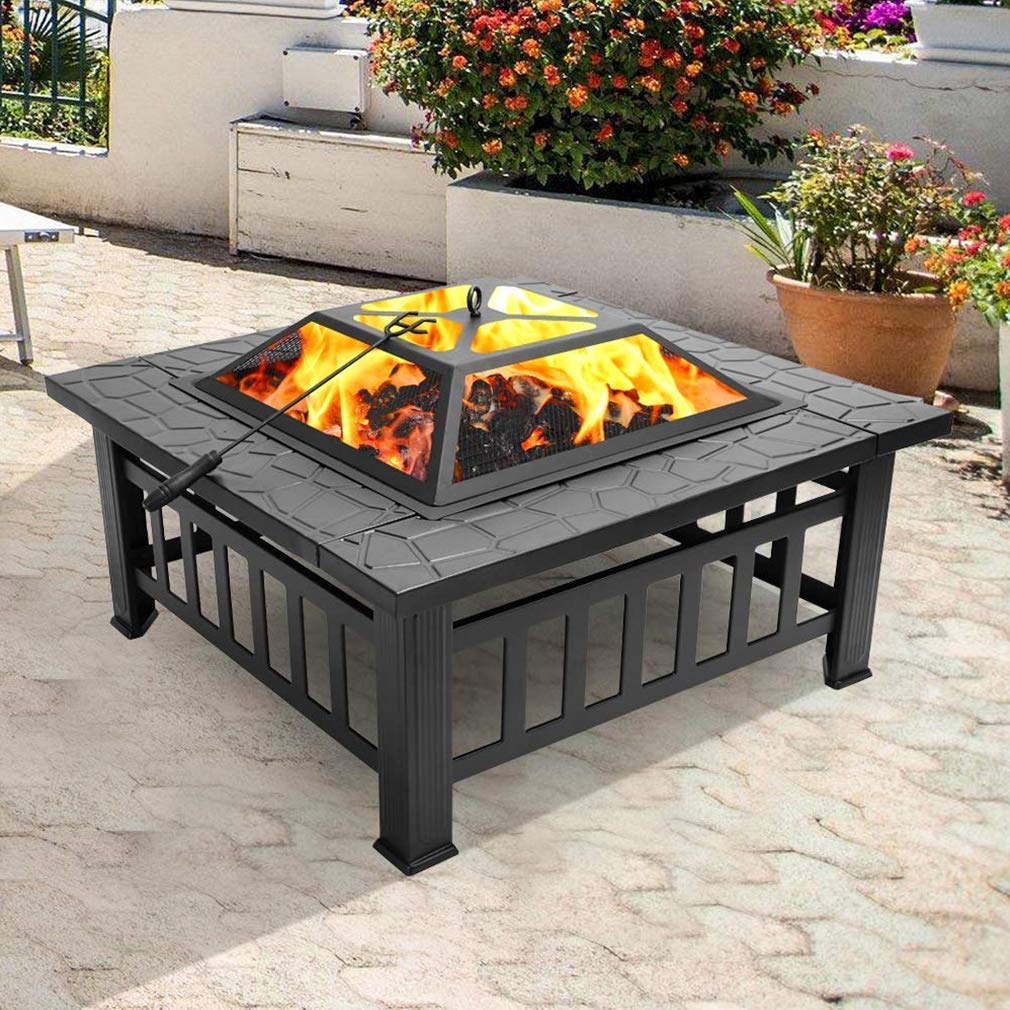 Metal Fire Pit Table with Durable Steel Frame, Poker & Mesh Cover, Wood