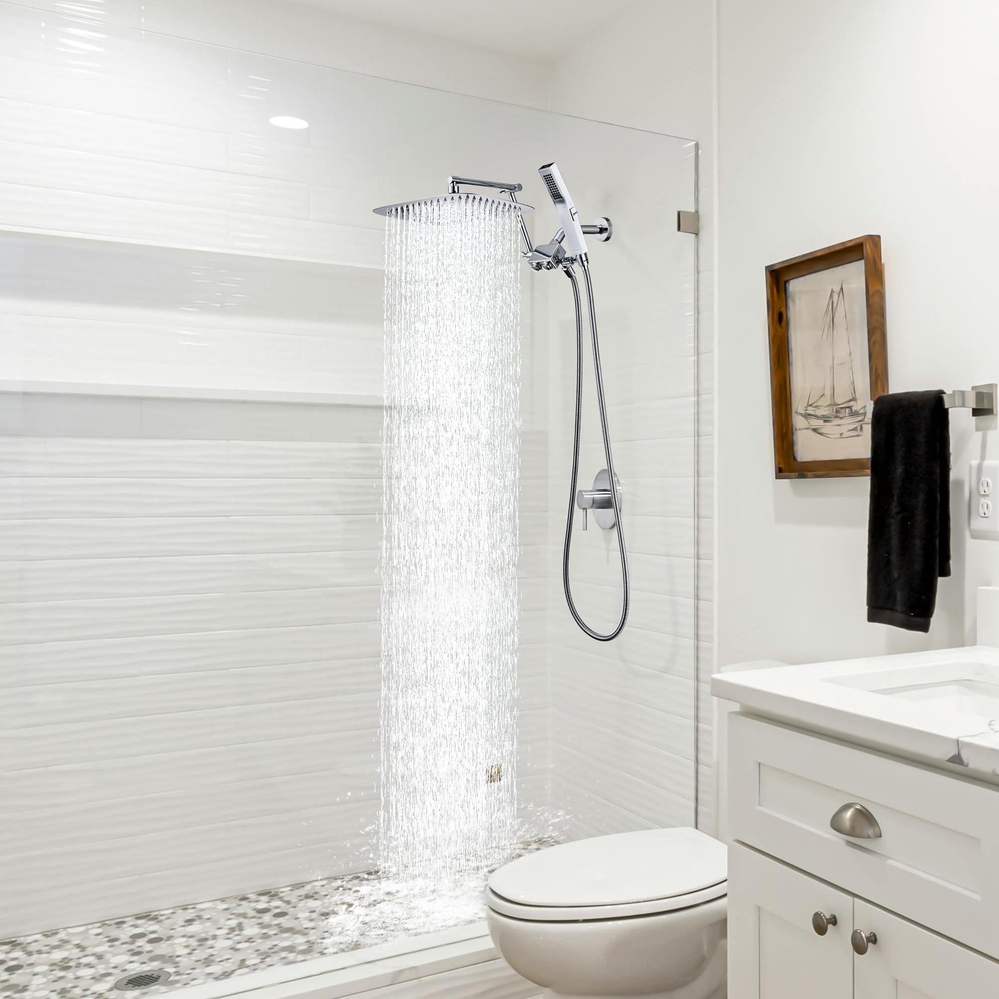 G-Promise All Metal 12 Inch Shower Head with Handheld Spray Combo，Rain Shower Head with Handheld Built-in Power Wash Mode, Adjustable Extension Arm with 4-Mode Diverter, 71 Inch Extra Long Hose