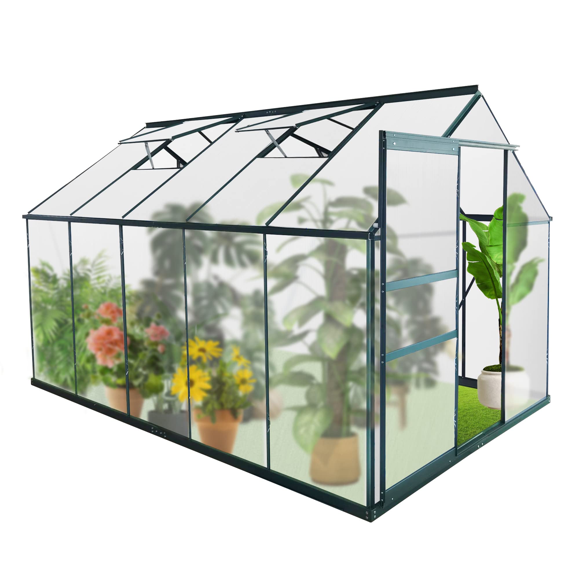 6'X10' Outdoor Walk-In Greenhouse, Sliding Door, 2 Vent Windows, Rain Gutter