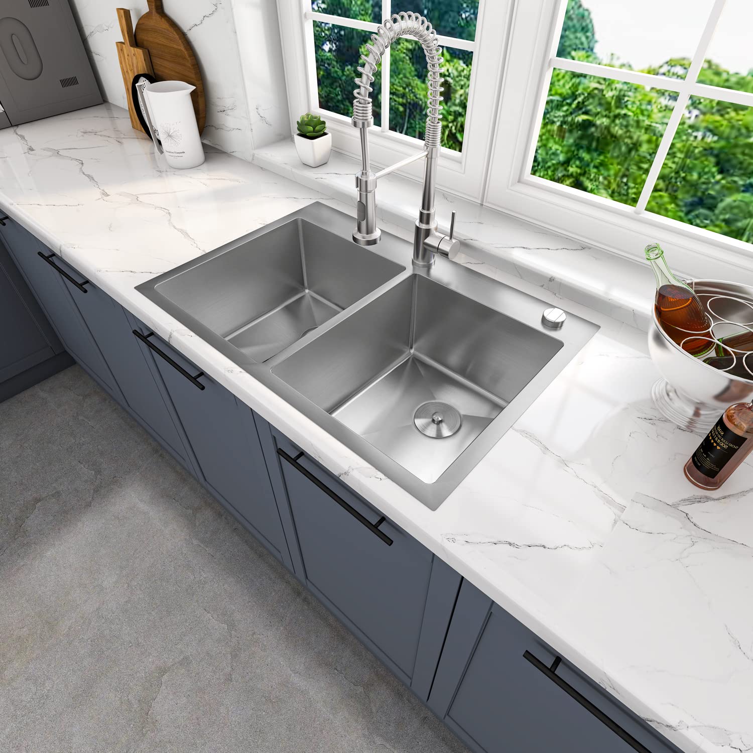 HT3322D-9-S 33" x 22" x 9" Drop In Double Bowl Kitchen Sink