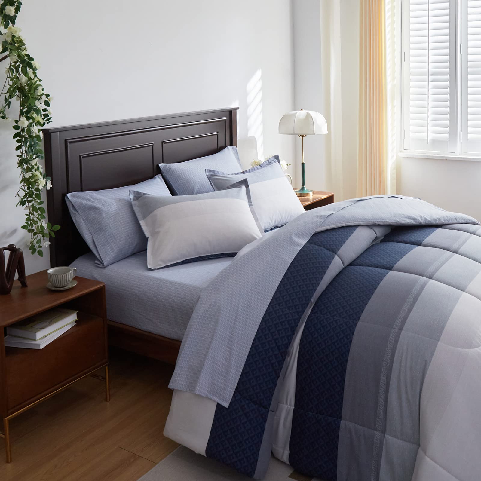 Cotton Striped Comforter Sheet Set Queen Size 7 Pieces Bed in a Bag