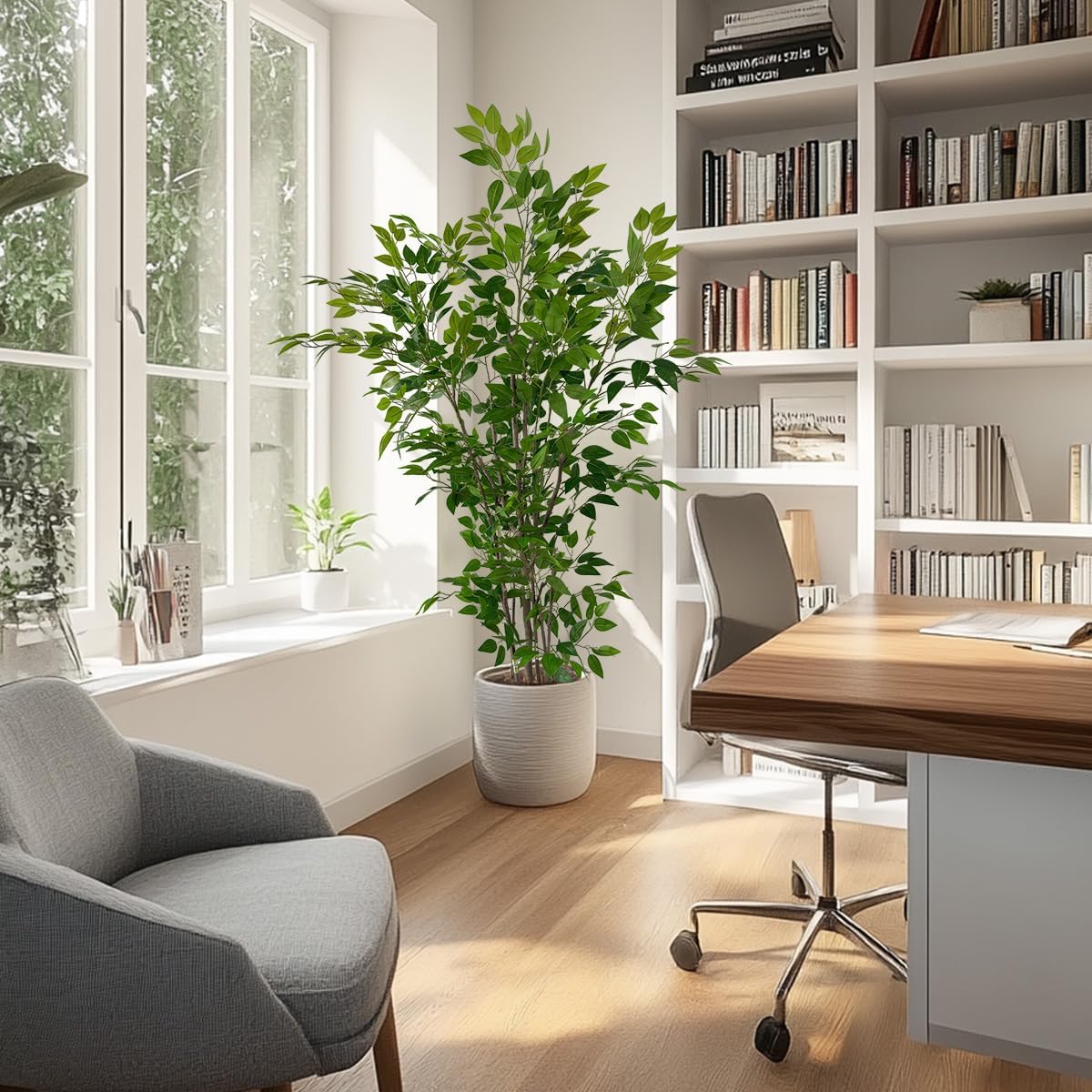 Artificial Ficus Tree with Green Leaves, 6 ft Tall, Indoor Plant with Decorative Beige Planter