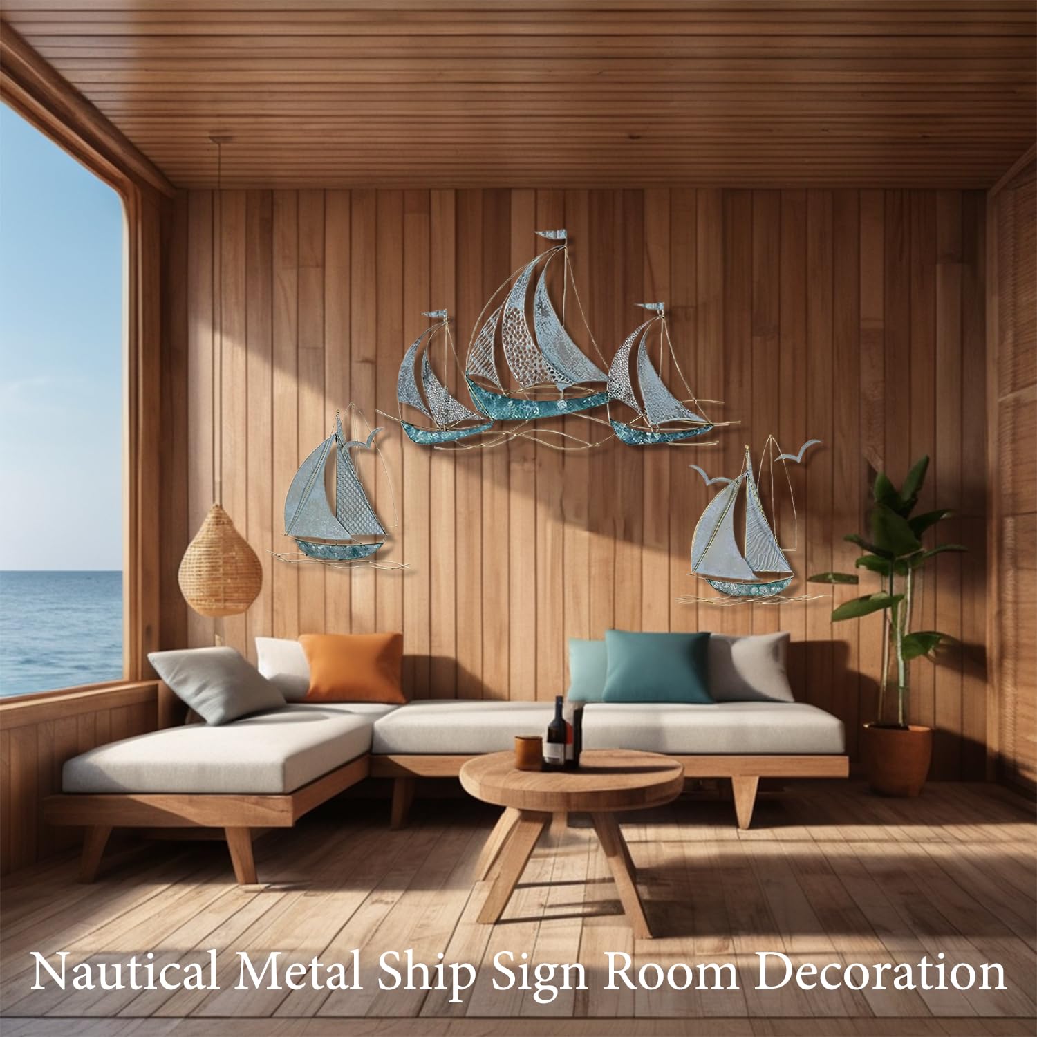 Set of 3 Metal Sailboat Wall Art, Metal Blue Ship Wall Decor