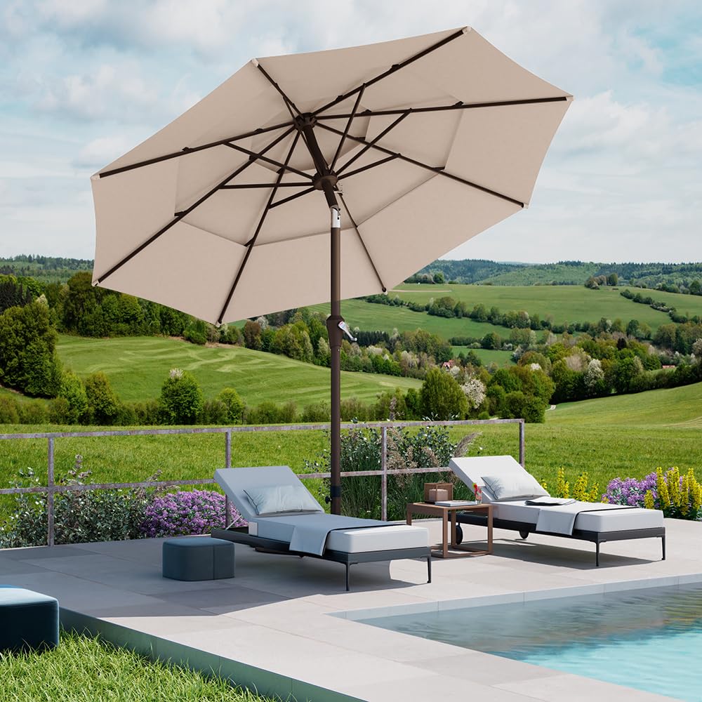 9FT 3 Tiers Patio Umbrella,Outdoor Table Market Umbrella with 8 Fiberglass Ribs for Pool