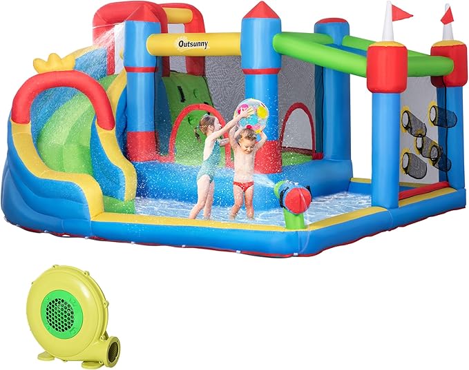 6-in-1 Inflatable Bounce House with Slide, Climbing Wall, Water Cannon