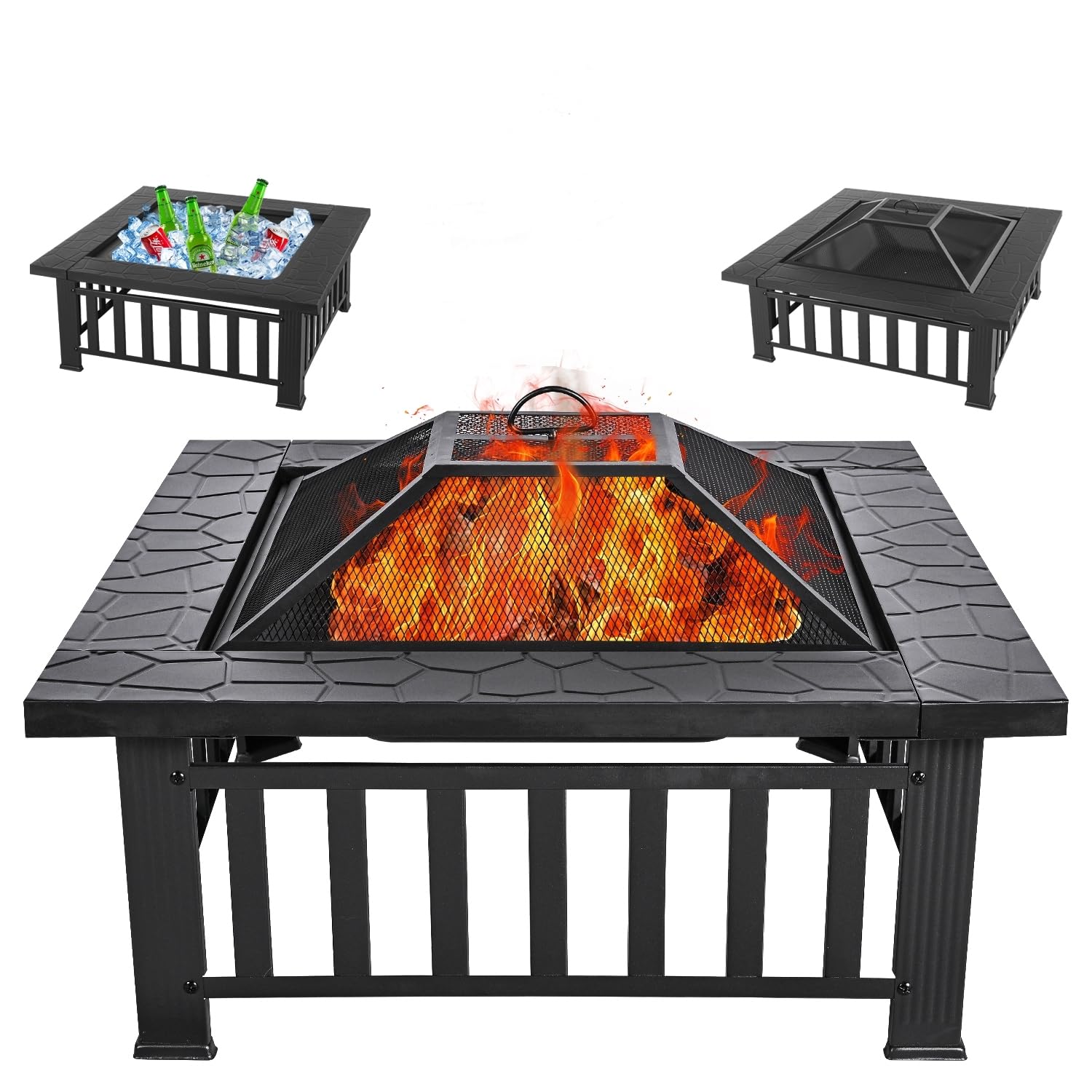 Multifunctional Fire Pit Table 32 inch Square Metal Firepit Stove Backyard Patio Garden