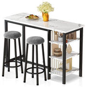 Bar Table Set with Storage Shelves, 47" Modern White Faux Marble Breakfast Table