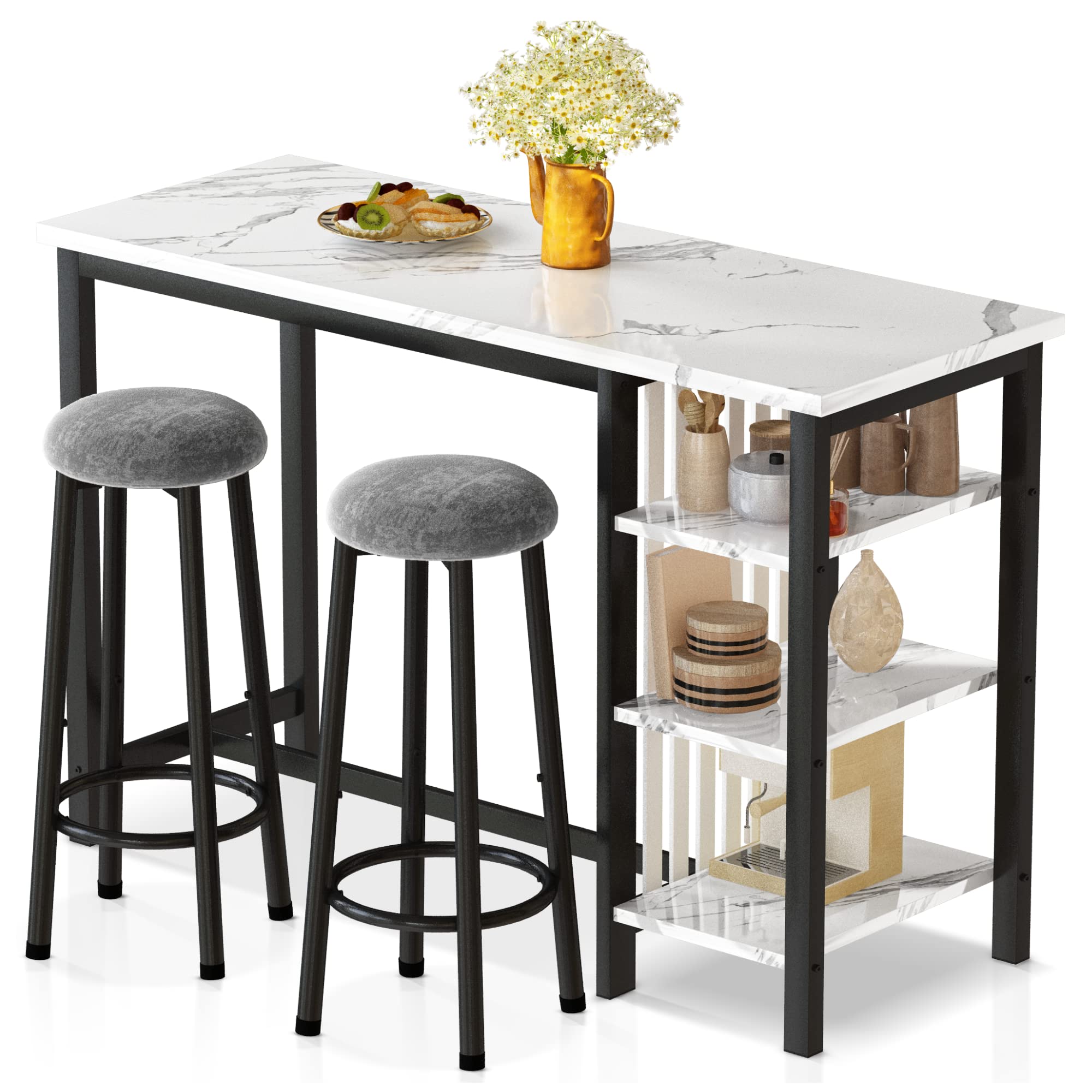 Bar Table Set with Storage Shelves, 47" Modern White Faux Marble Breakfast Table